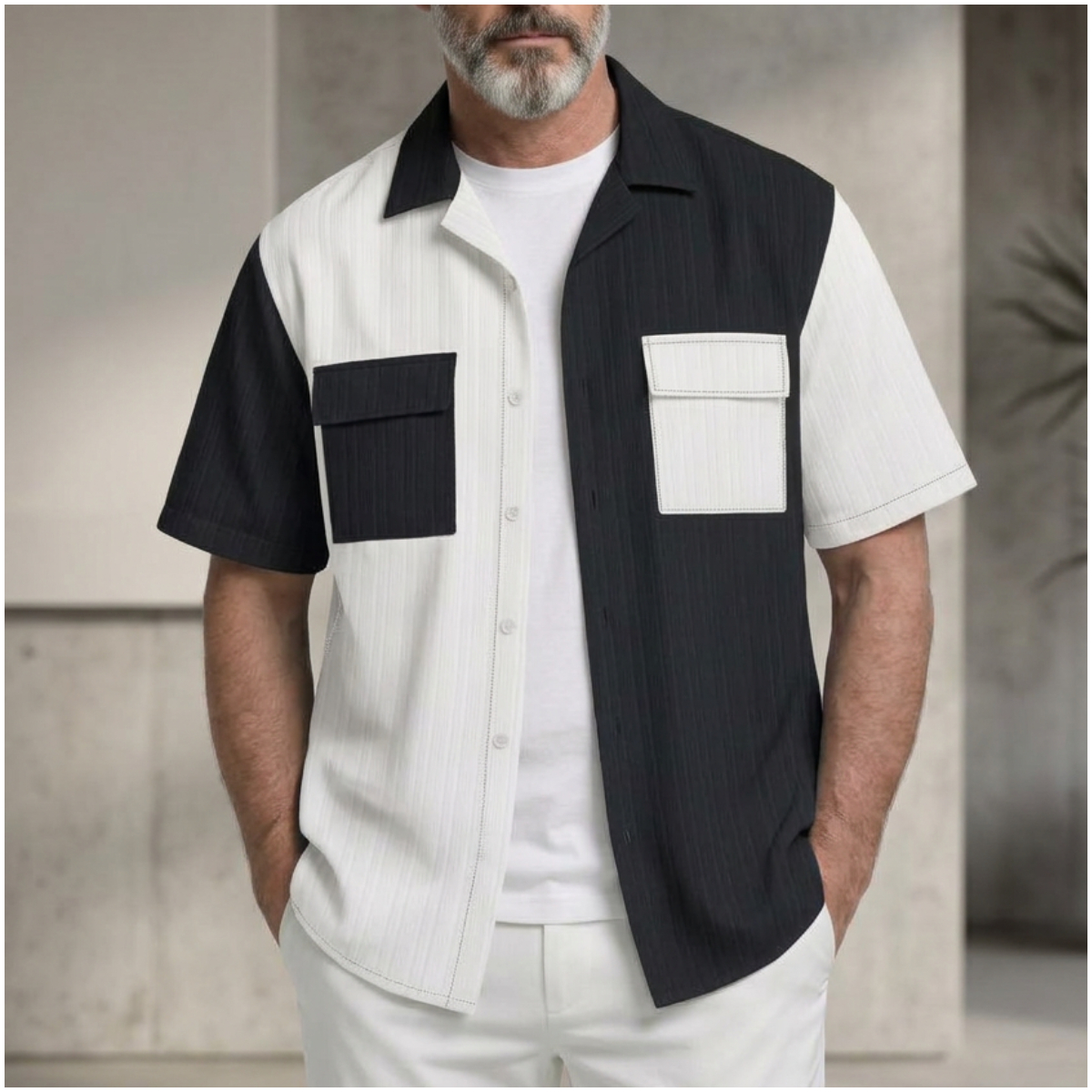 Men's Pit Stripe Texture Colorblock Flap Pockets Camp Collar Shirt