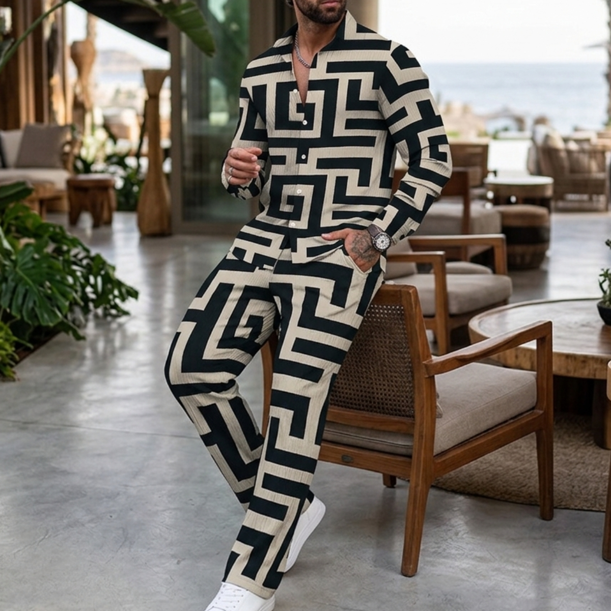 Men's Fashion Geo Pattern Long Sleeve Shirt & Pants 2Pcs Set