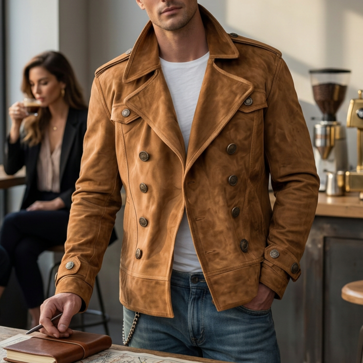 Men's Brown Lapel Collar Double Breasted Suede Jackets