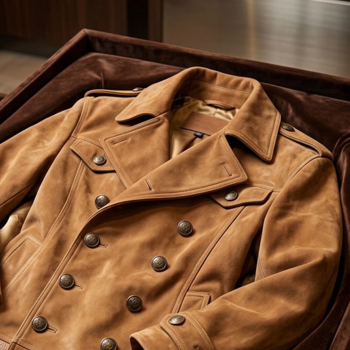 Men's Brown Lapel Collar Double Breasted Suede Jackets