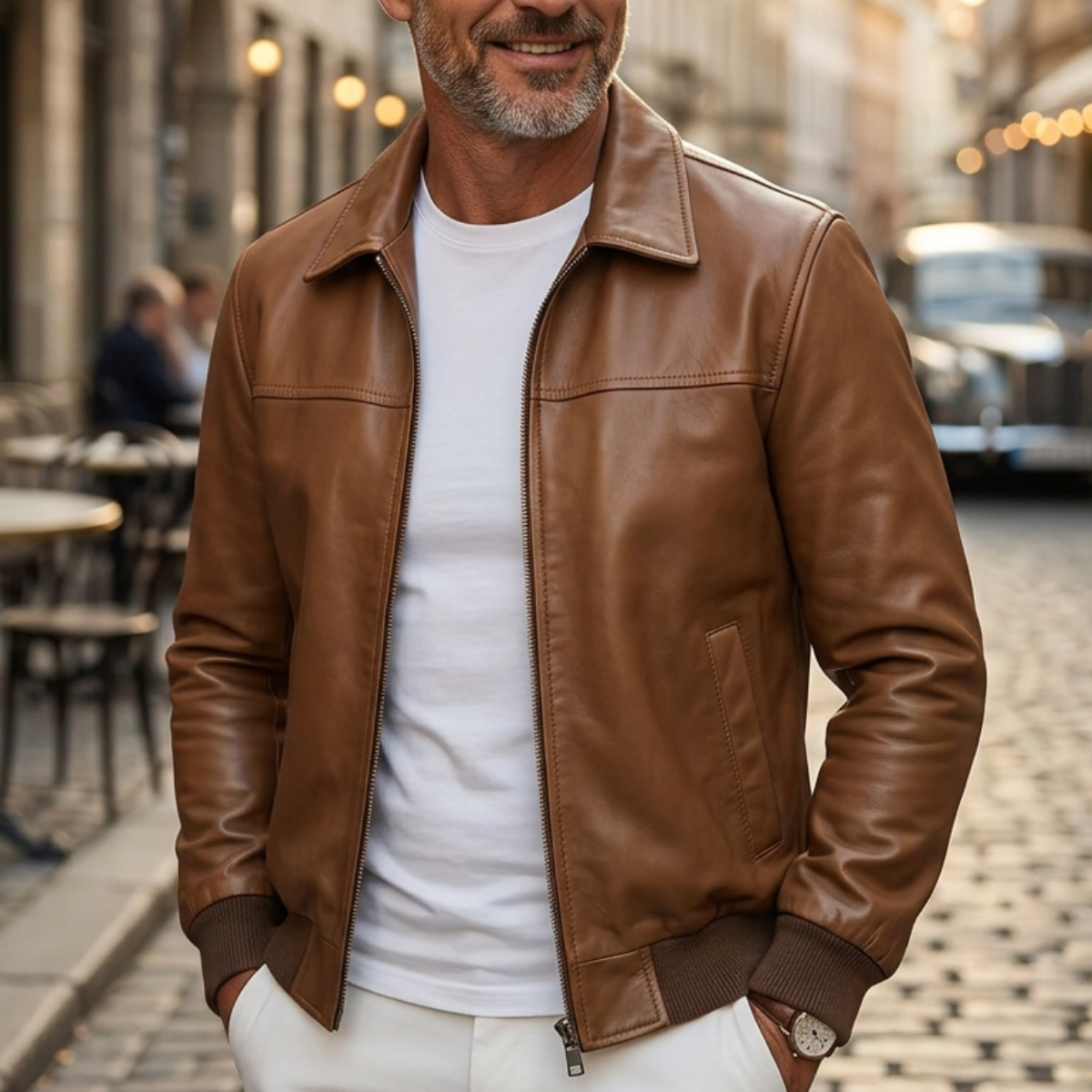Men's Plain PU Leather Turndown Collar Slant Pockets Slim Zip-Up Bomber Jacket