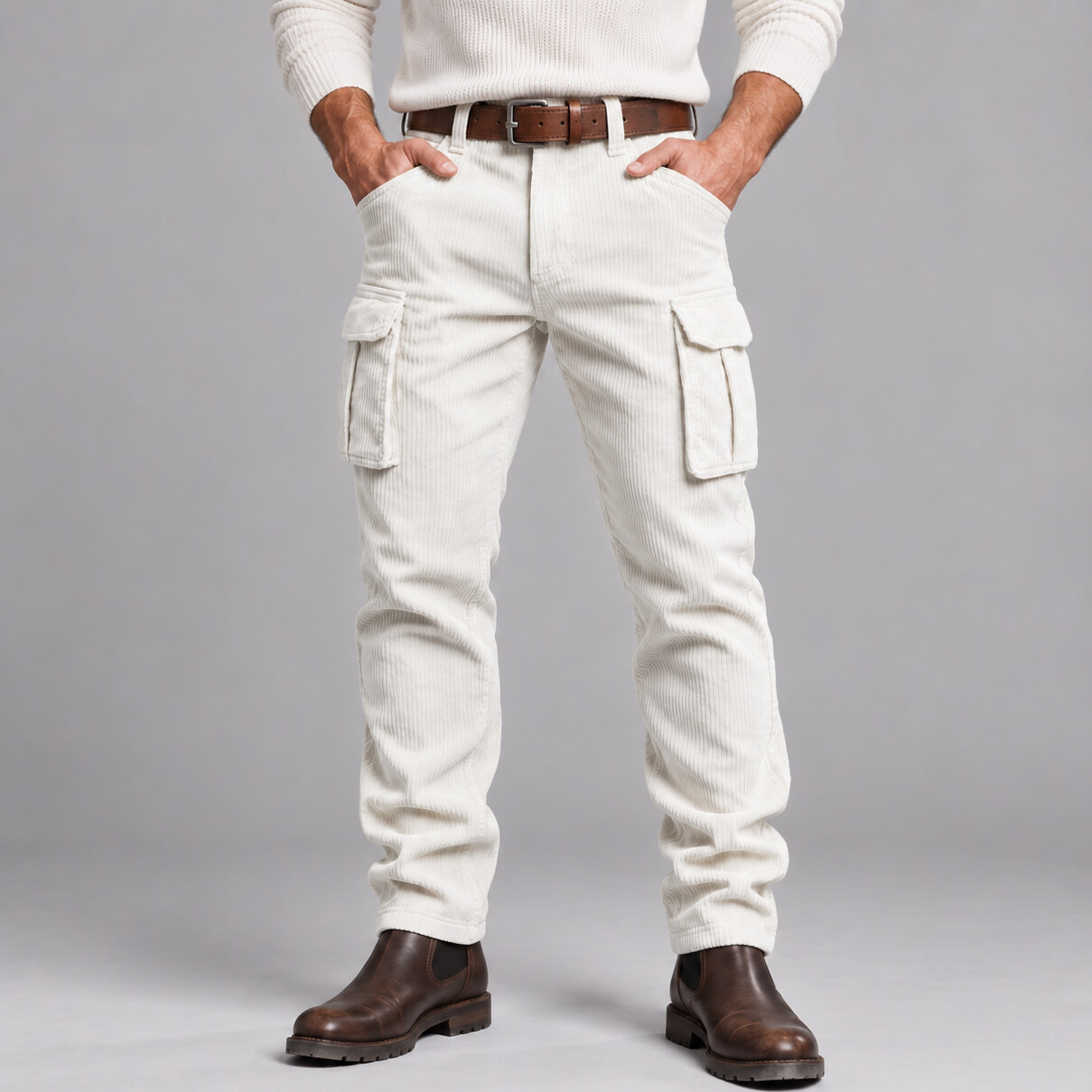 Men's Solid Color Corduroy Multi-Pockets Slim Fit Straight Leg Cargo Pants