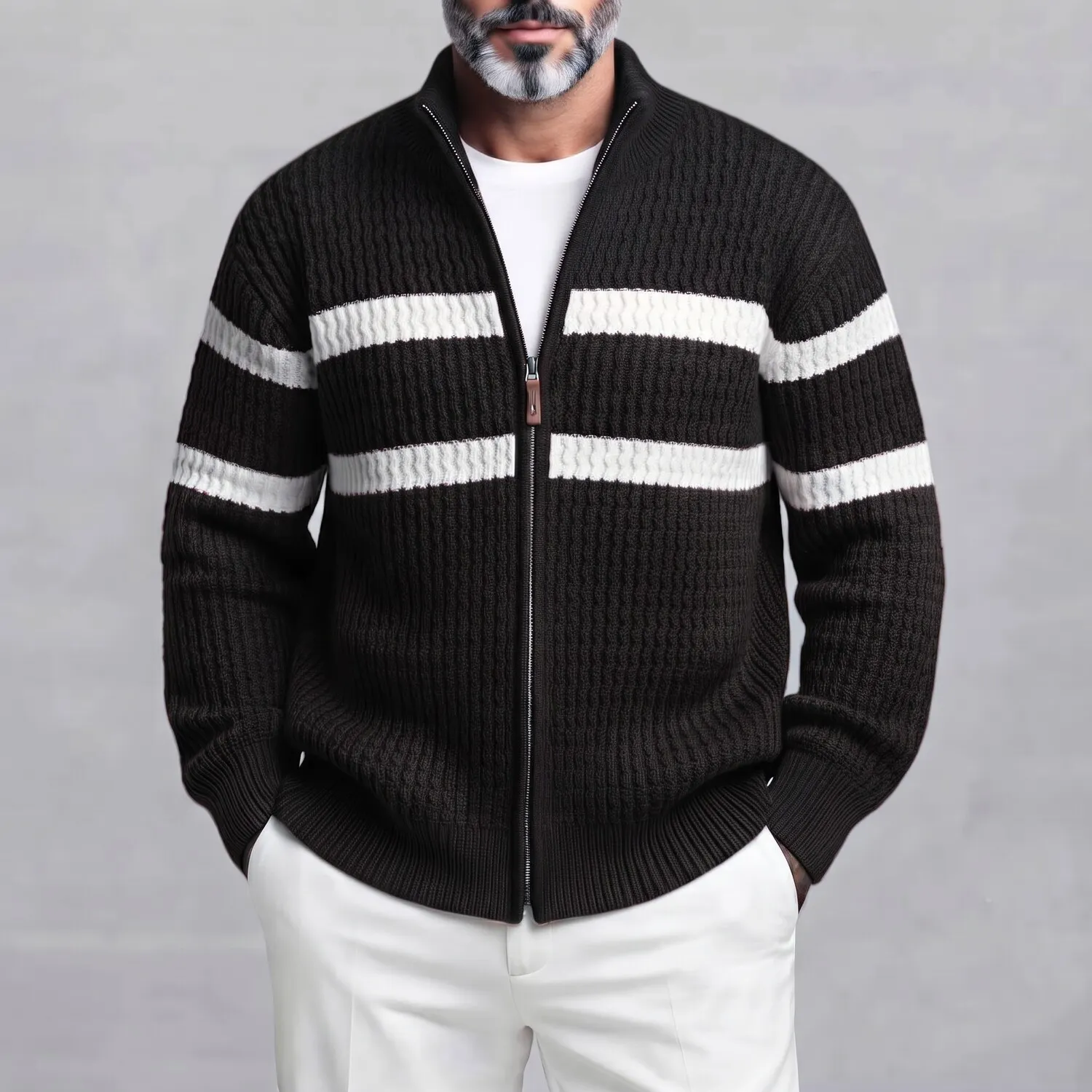 Men's Casual Contrast Striped Stand Collar Loose Fit Zipper Cable Knitted Cardigan