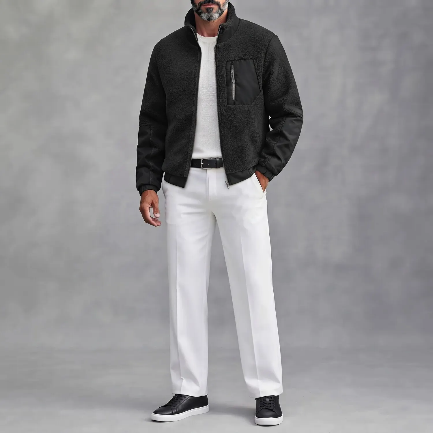 Men's Casual Stand Collar Multi-Pocket Zipper Fleece Bomber Jacket