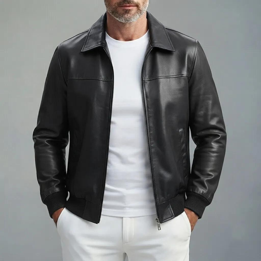 Men's Plain PU Leather Turndown Collar Slant Pockets Slim Zip-Up Bomber Jacket