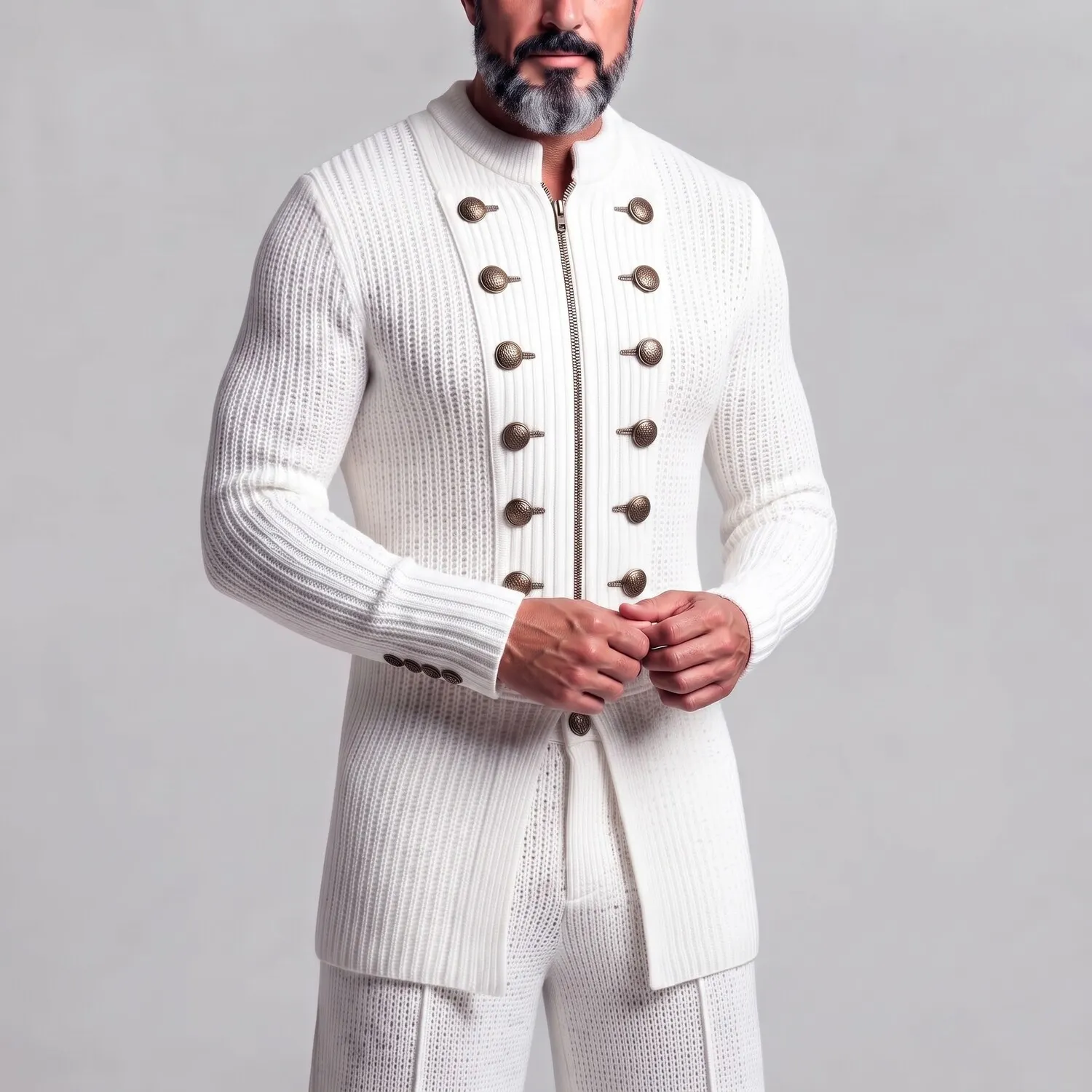 Men's White Ribbed Knit Gold Double-Breasted Decor Zipper Closure Slim Fit Sweater