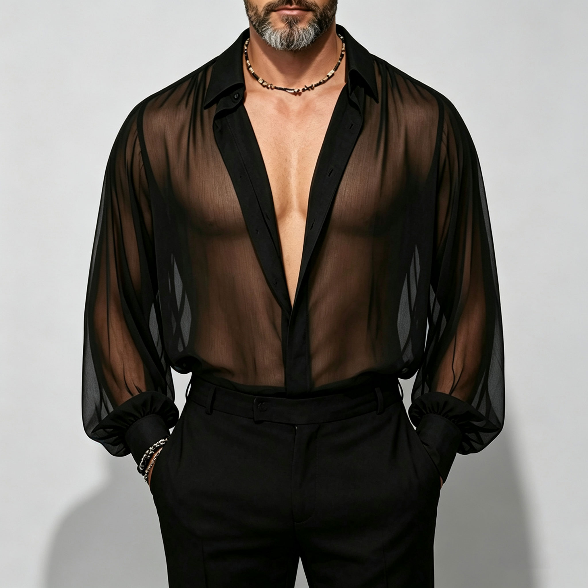 Men's Lightweight Long-Sleeve Shirt with a Turn-Down Collar and Fine Mesh Fabric