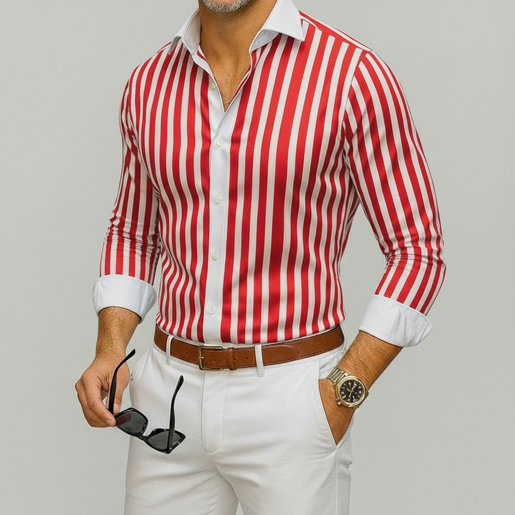 Men's Business Casual Striped Print Single Breasted Long Sleeve Shirt