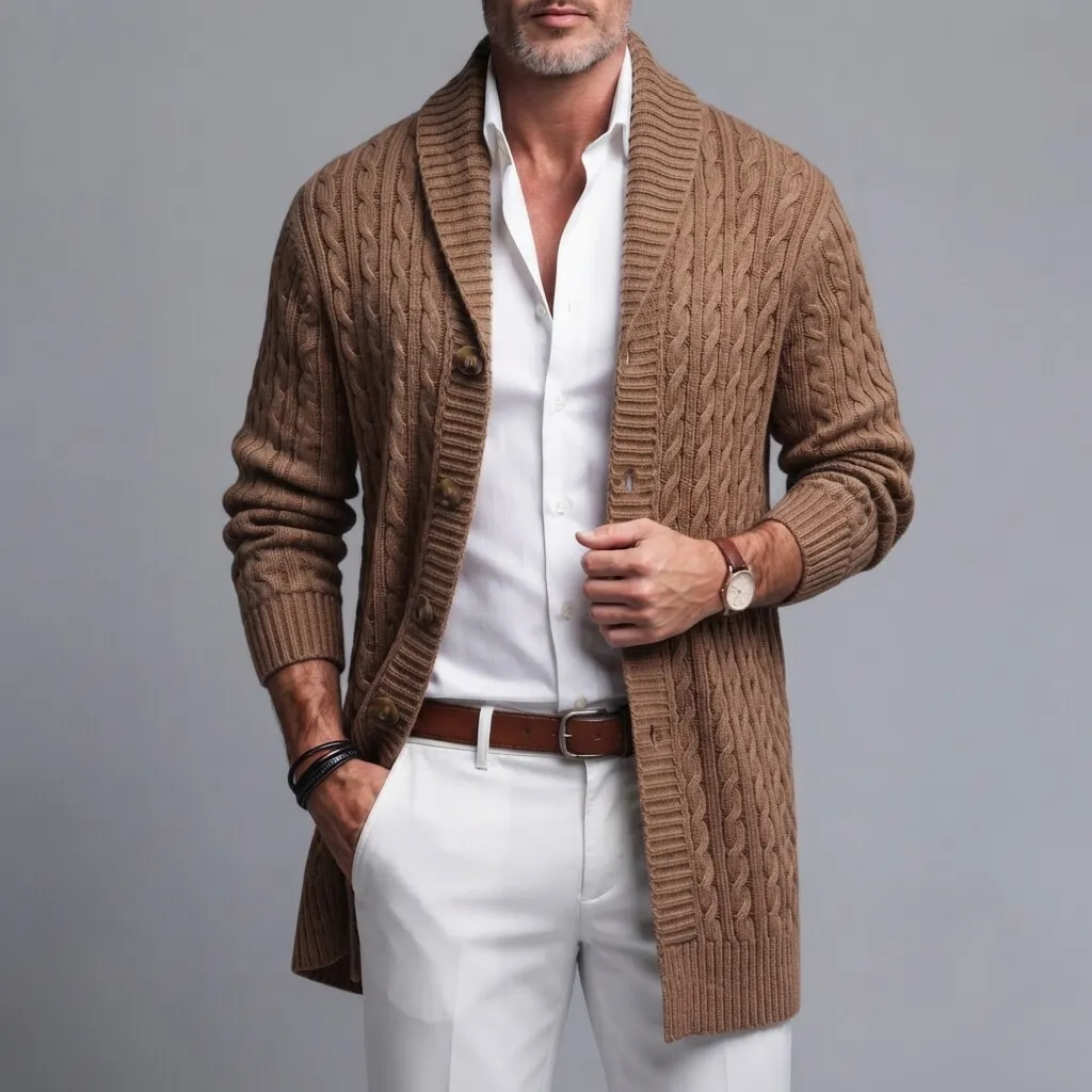 Men's Solid Color Shawl Lapel Single Breasted Twist Knitted Mid-Length Cardigan