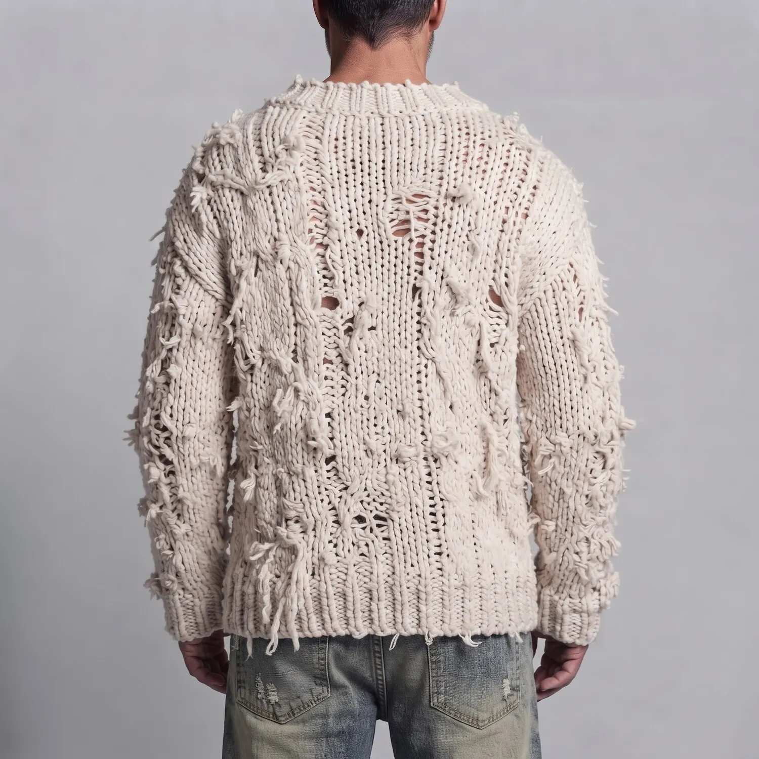 Men's Beige Distressed V Neck Frayed Edge Hollow Out Chunky Knit Pullover Sweater
