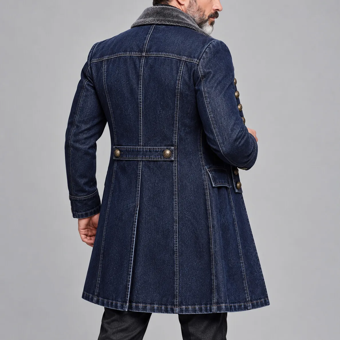 Men's Navy Blue Washed Denim Contrast Fuzzy Collar Double-Breasted Slim Fit Trench Coat