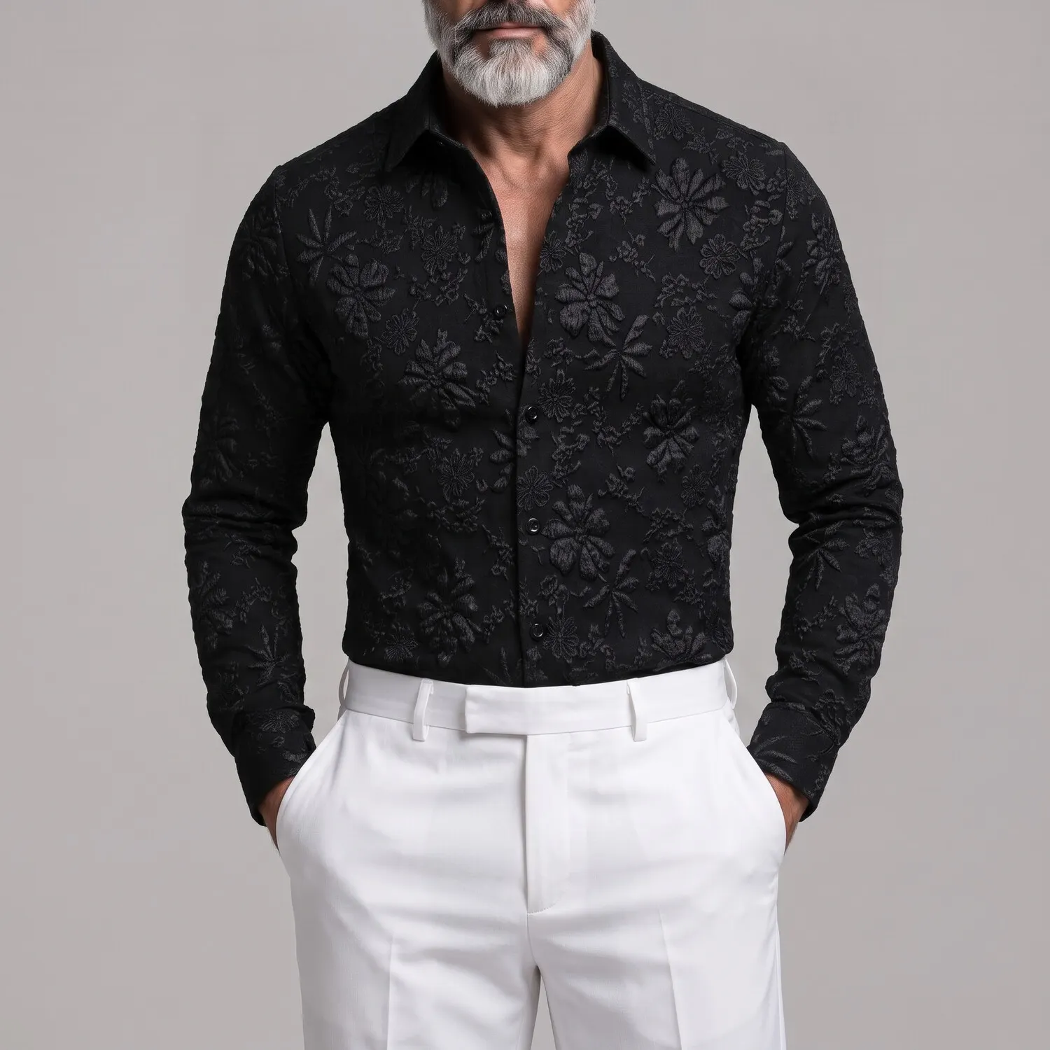 Men's White 3D Floral Embossed Pattern Slim Fit Long Sleeve Shirt