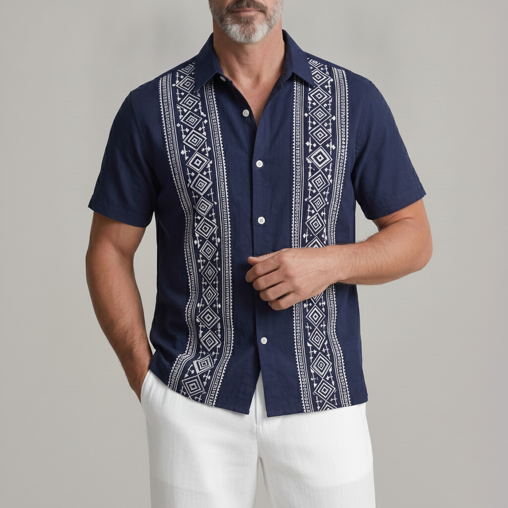 Men's Navy Blue Ethnic Style Geometric Print Turndown Collar Short Sleeve Shirt