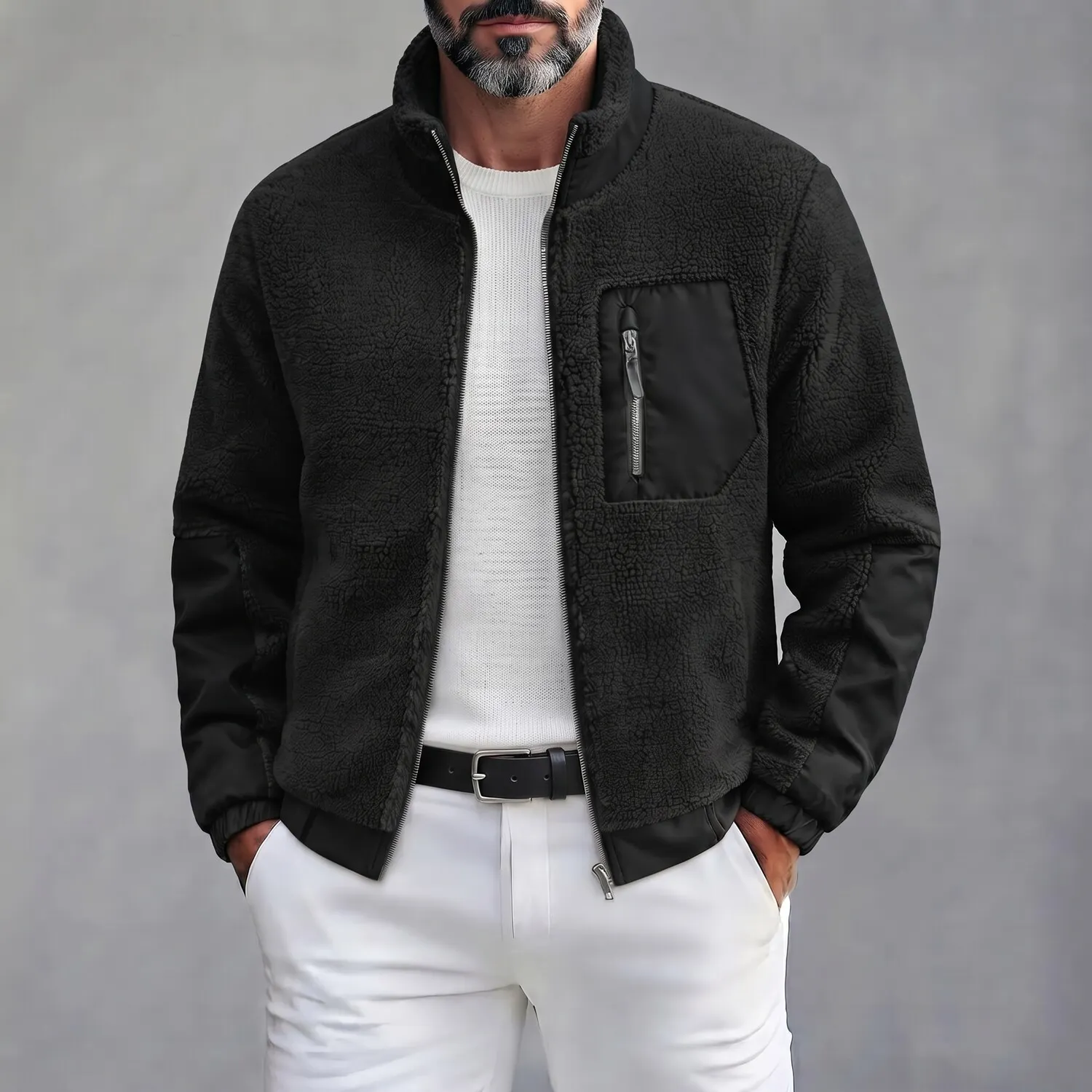 Men's Casual Stand Collar Multi-Pocket Zipper Fleece Bomber Jacket