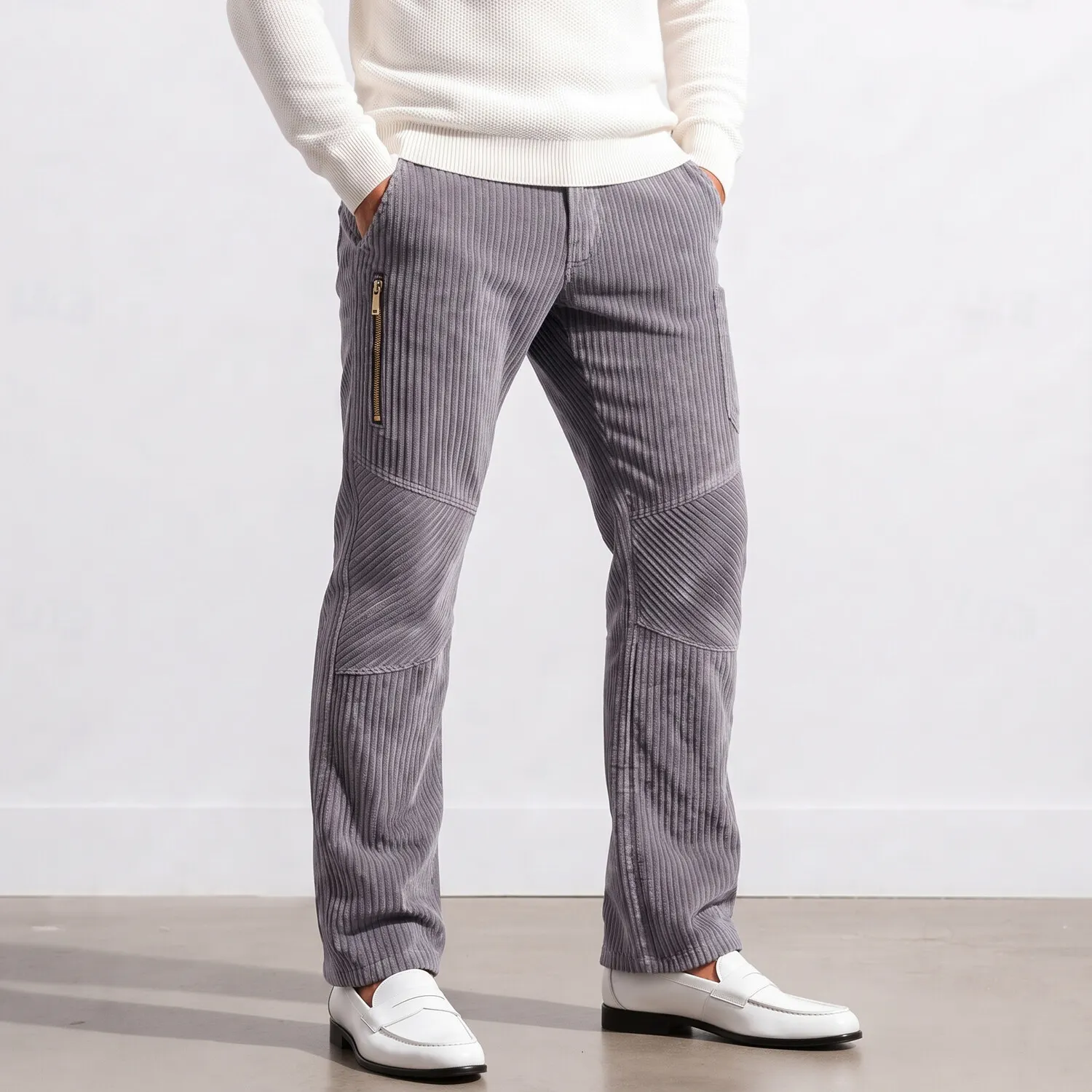 Men's Retro Solid Color Corduroy Multi-Pocket Mid-Rise Straight Leg Casual Pants