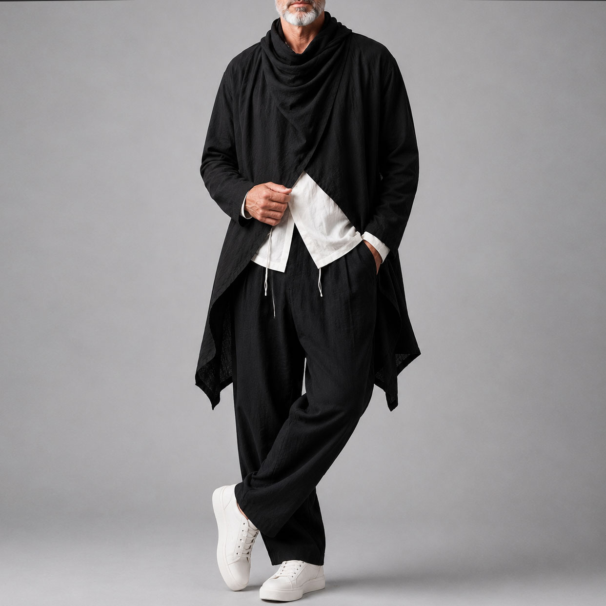 Men's Long Cotton-Linen Asymmetrical Cape