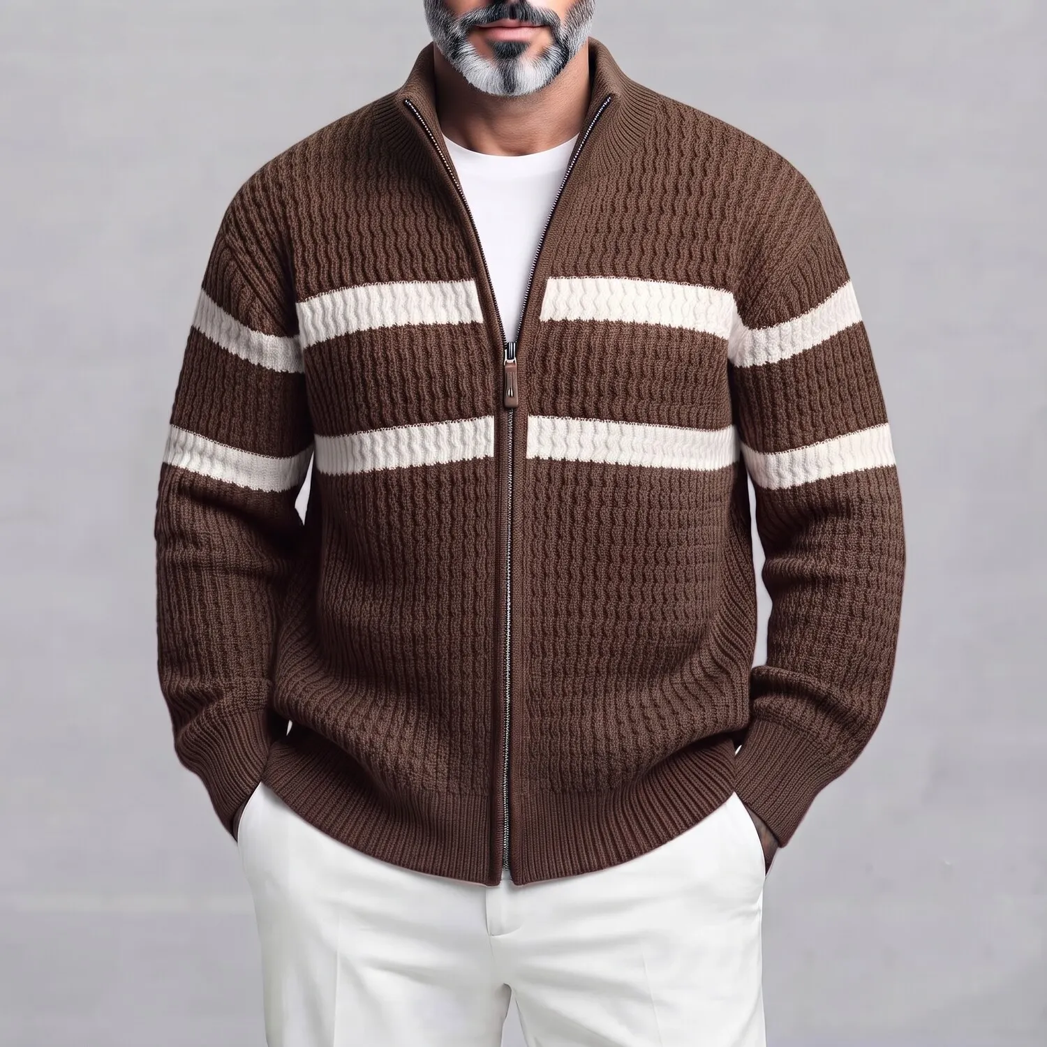 Men's Casual Contrast Striped Stand Collar Loose Fit Zipper Cable Knitted Cardigan