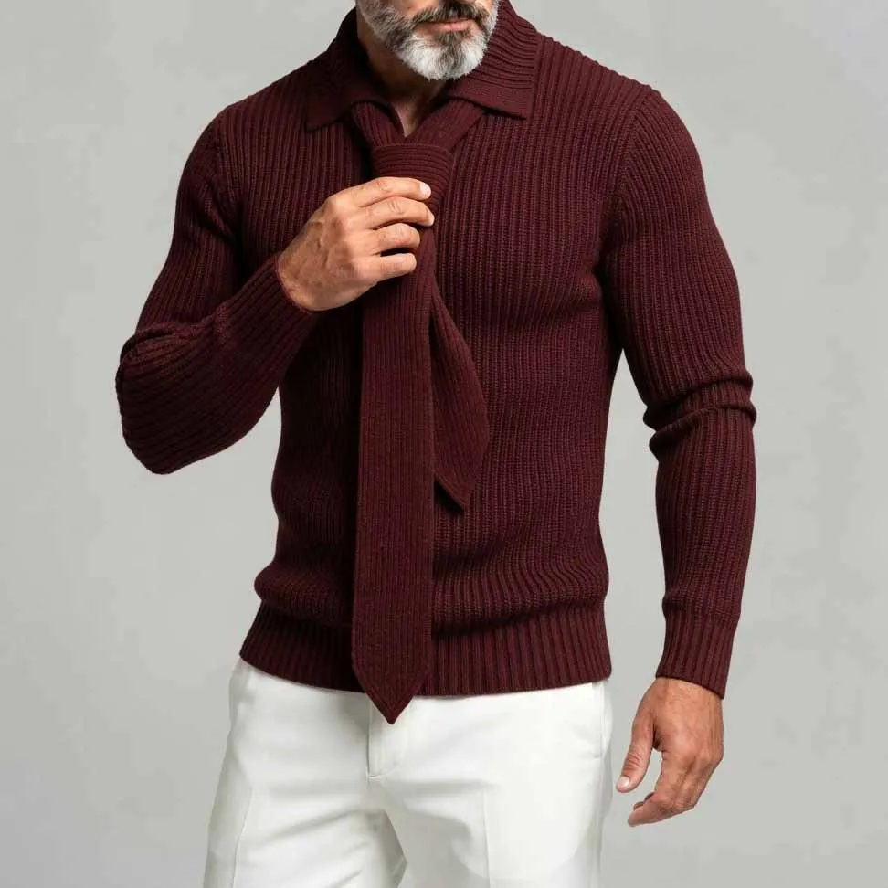 Men's Burgundy Ribbed Knit Slim Fit Long Sleeve with Necktie Pullover Sweater