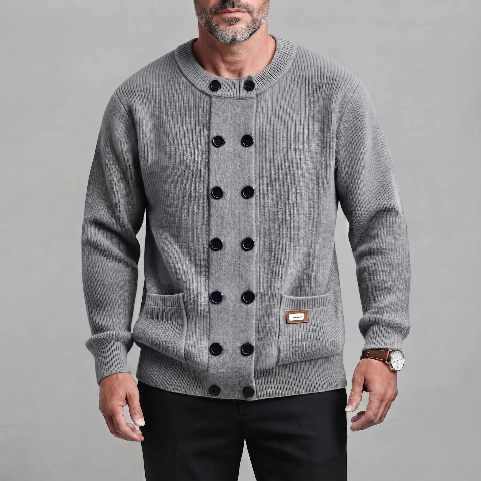 Men's Solid Color Round Neck Patch Pocket Double-Breasted Ribbed Knit Cardigan
