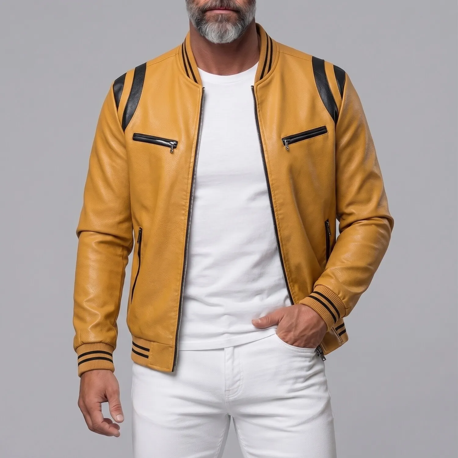 Men's PU Leather Contrast Stripes Zipper Pockets Bomber Jacket