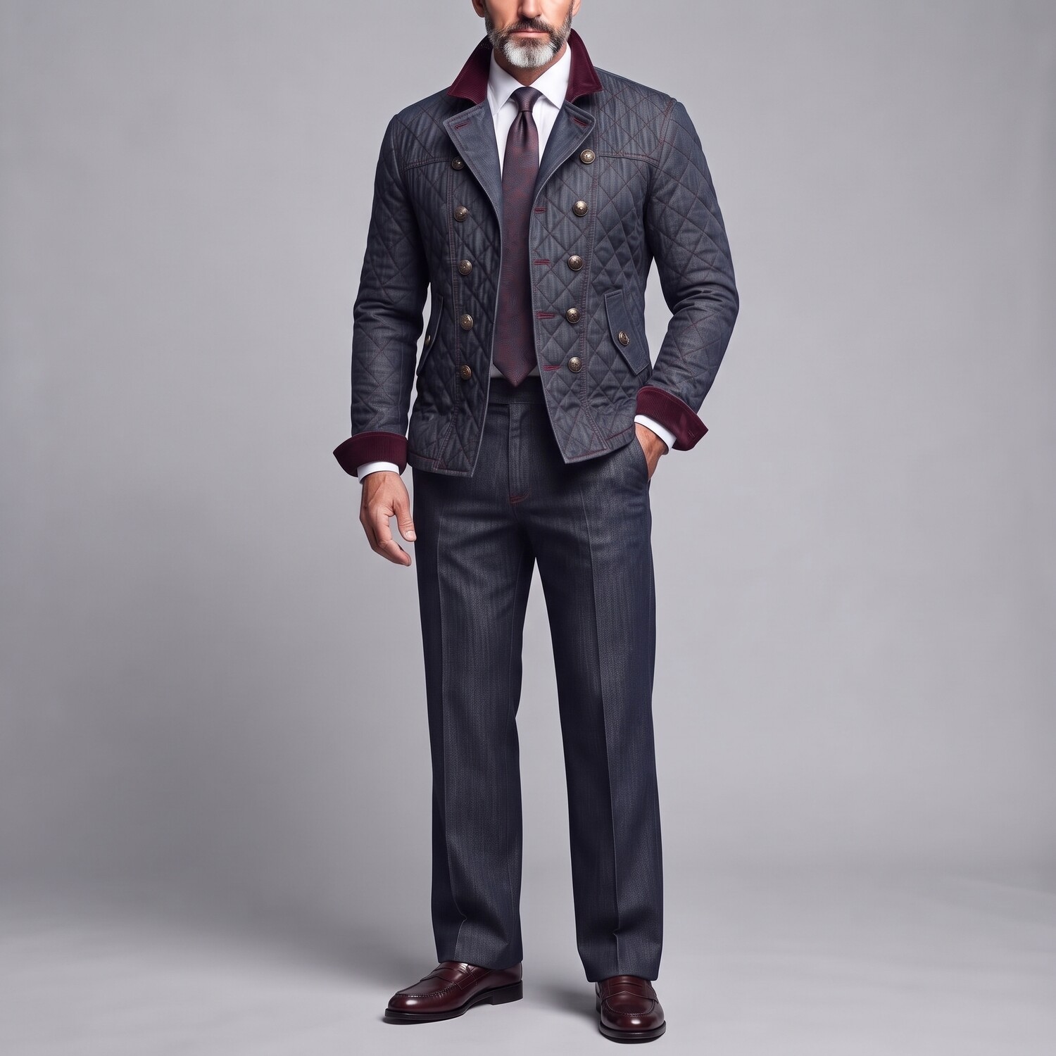 Men's Dark Blue Corduroy Contrast Trim Double-Breasted Quilted Denim Jacket