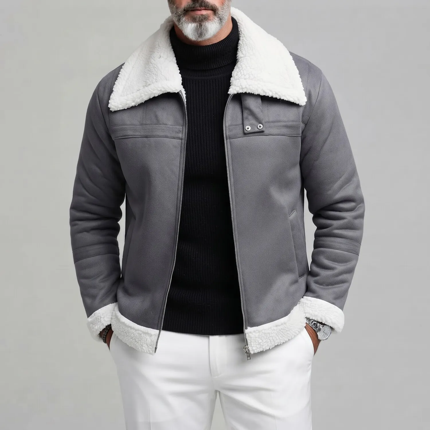 Men's Gray Suede Turndown Collar Slant Pocket Sherpa Lined Plain Zipper Jacket