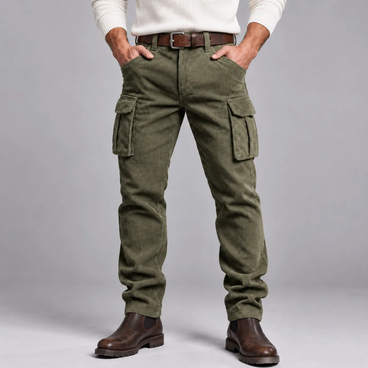 Men's Solid Color Corduroy Multi-Pockets Slim Fit Straight Leg Cargo Pants