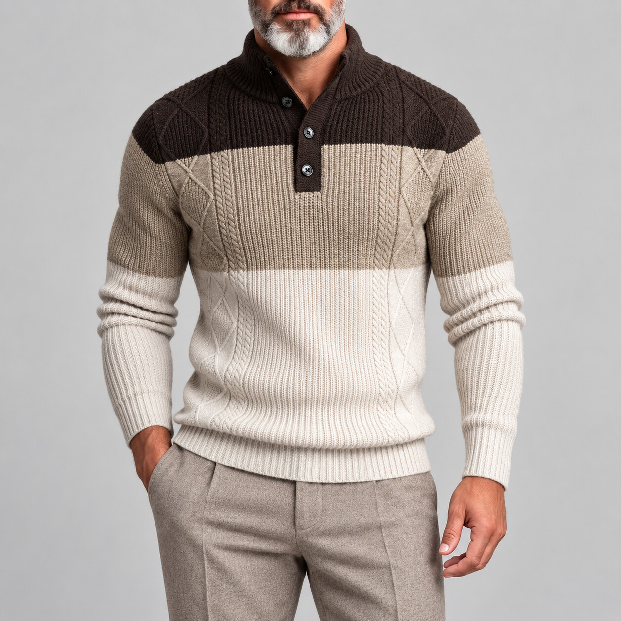 Men's Color Block Cable Knit Stand Collar Half Placket Pullover Sweater