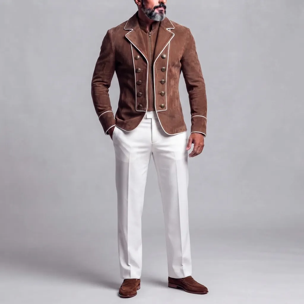 Men's Vintage Brown Suede Contrast Piping Double-Breasted Zip-Up 2 in 1 Hussar Jacket Blazer