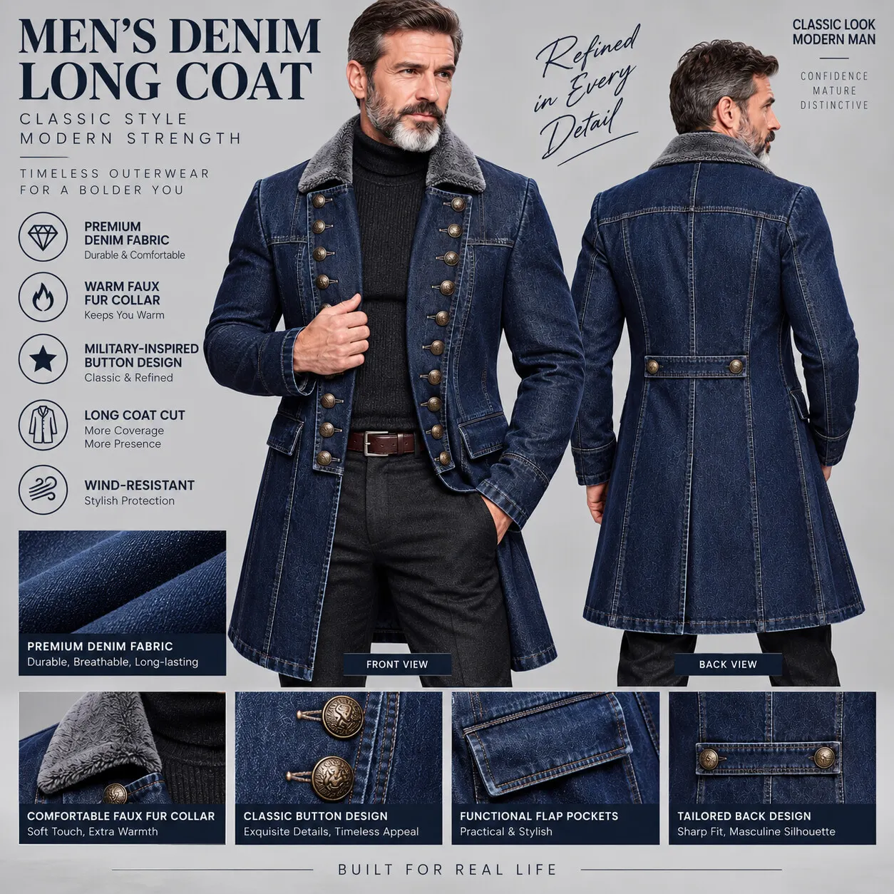 Men's Navy Blue Washed Denim Contrast Fuzzy Collar Double-Breasted Slim Fit Trench Coat