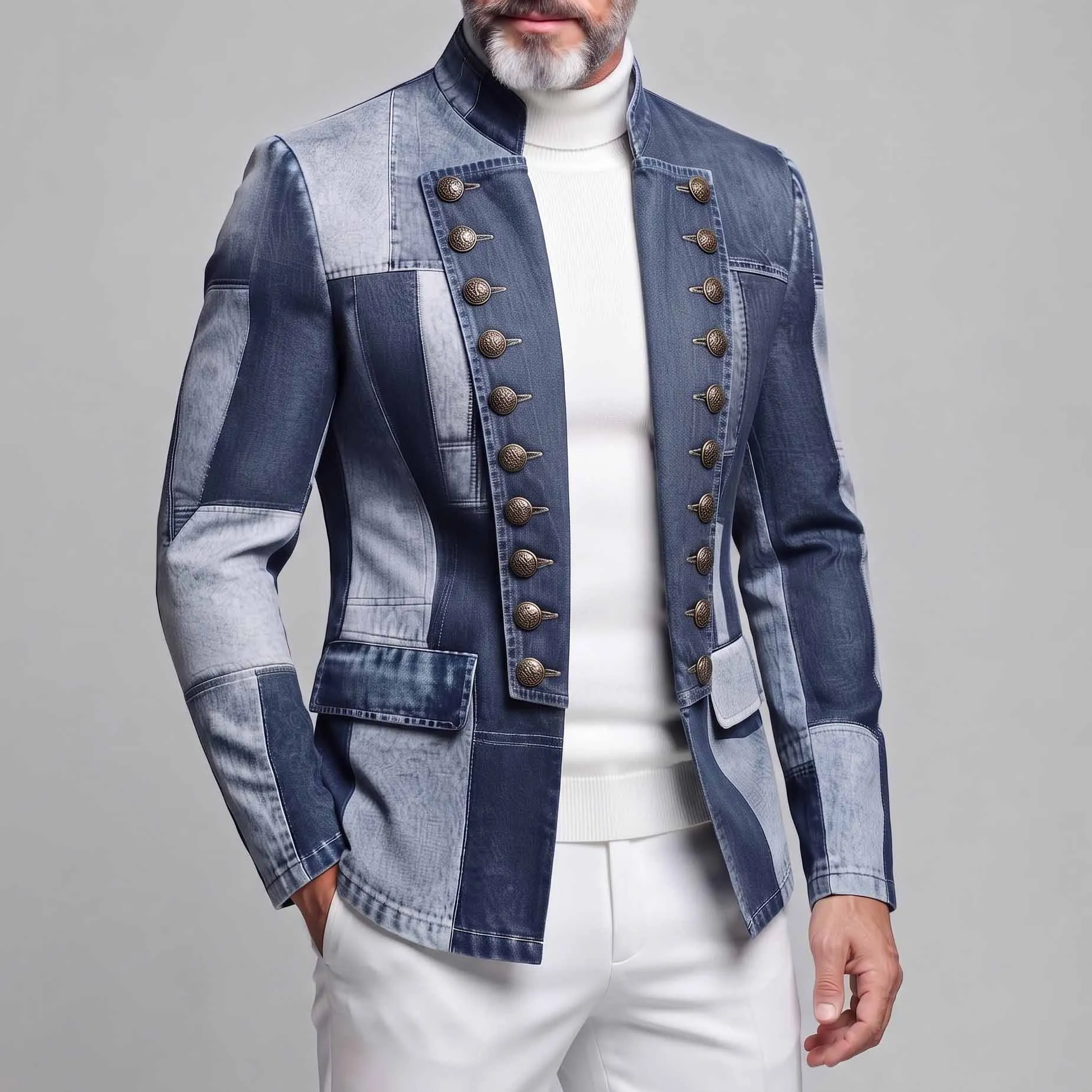 Men's Slim Fit Colorblock Print Double-Breasted Vintage Jacket