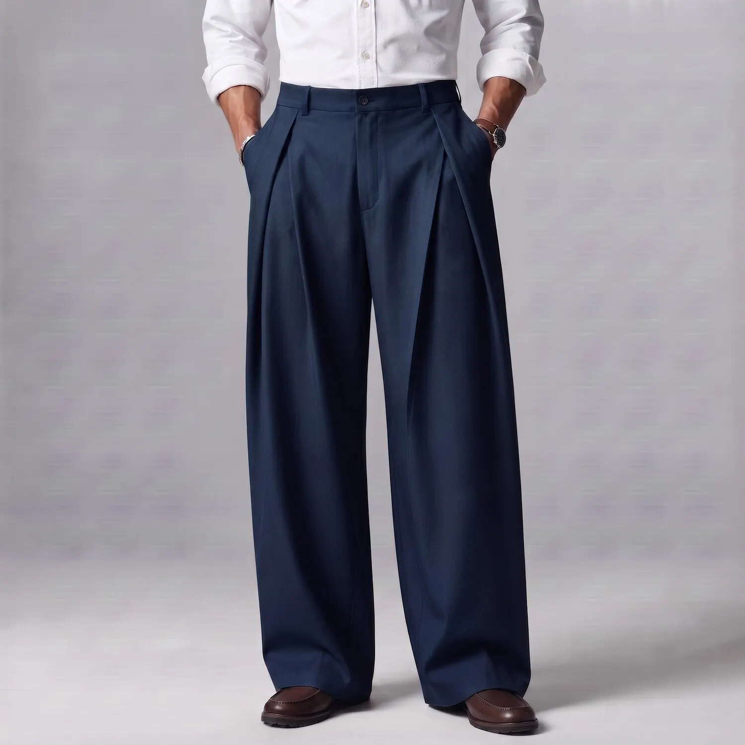 Men's Business Casual Solid Color High Waist Wide Leg Pleated Loose Suit Pants