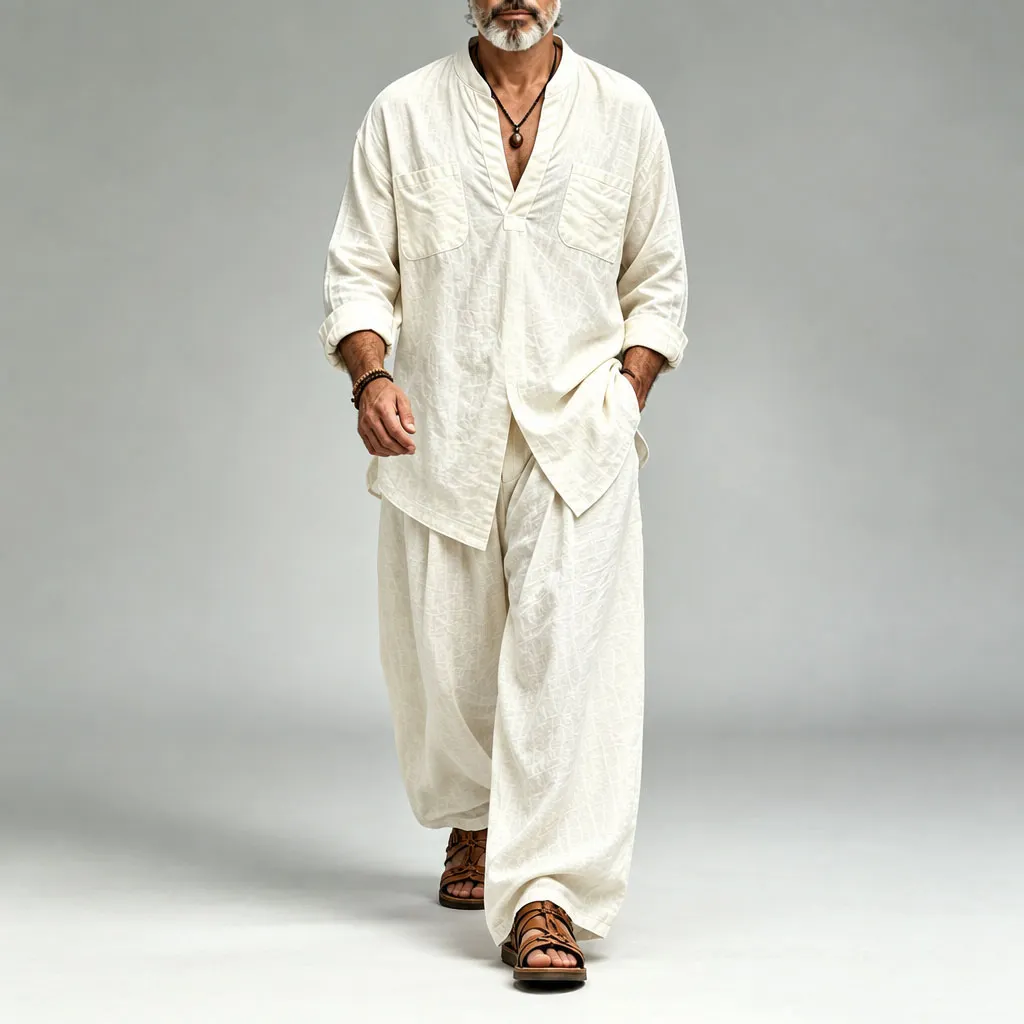 Men's Loose Fit V-Neck Long Sleeve Top and Pants Set