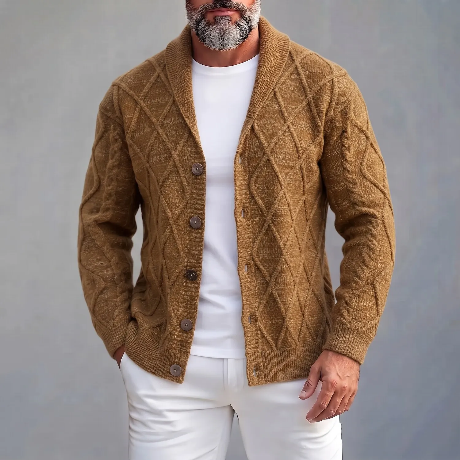 Men's Brown Diamond Pattern Shawl Lapel Single Breasted Cable Knit Sweater Cardigan