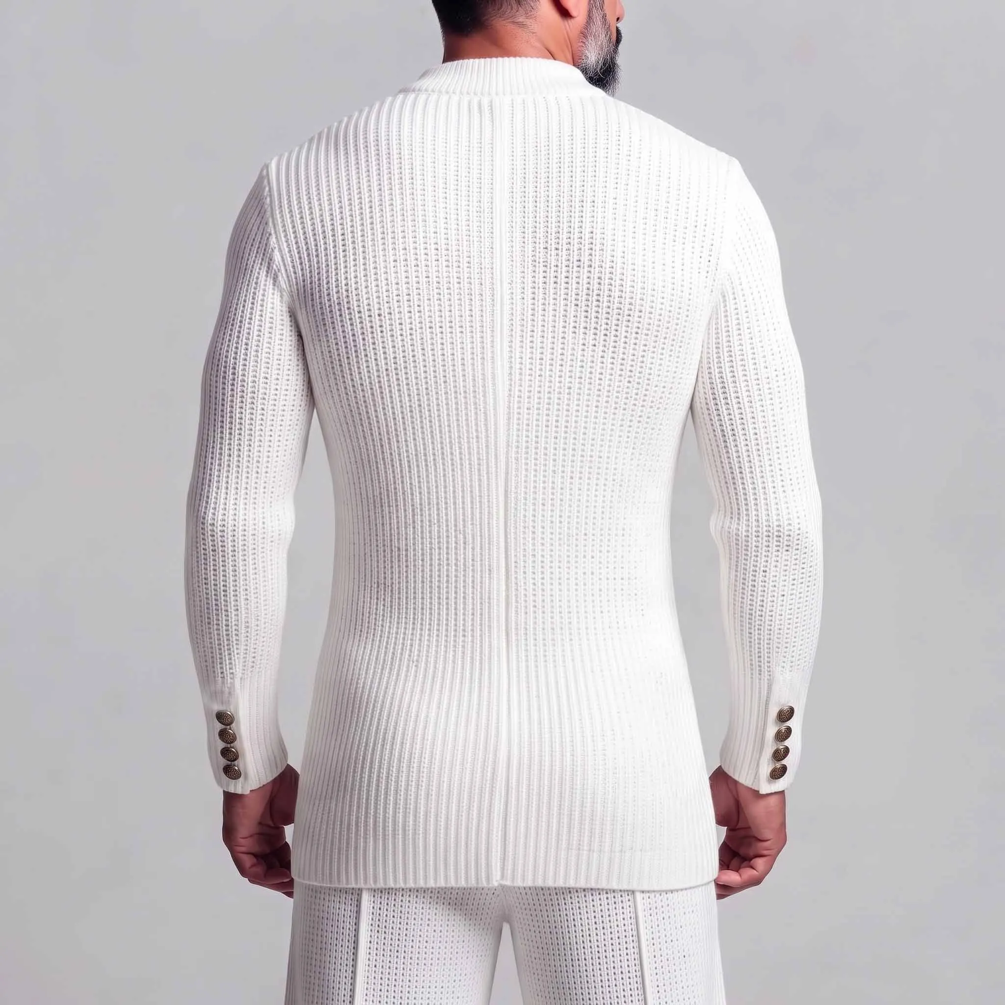 Men's White Ribbed Knit Gold Double-Breasted Decor Zipper Closure Slim Fit Sweater