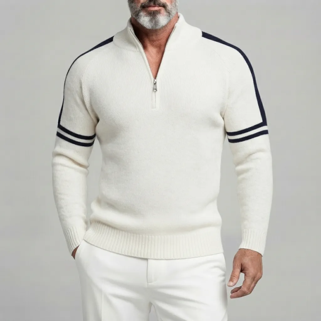 Men's Contrast Striped Pattern Half-Zip Stand Collar Ribbed Knit Pullover Sweater