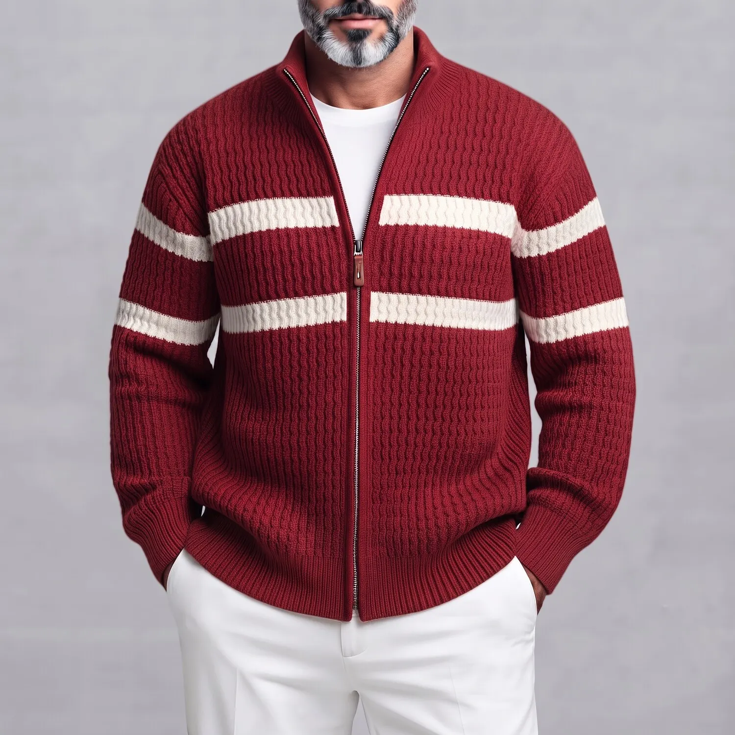 Men's Casual Contrast Striped Stand Collar Loose Fit Zipper Cable Knitted Cardigan