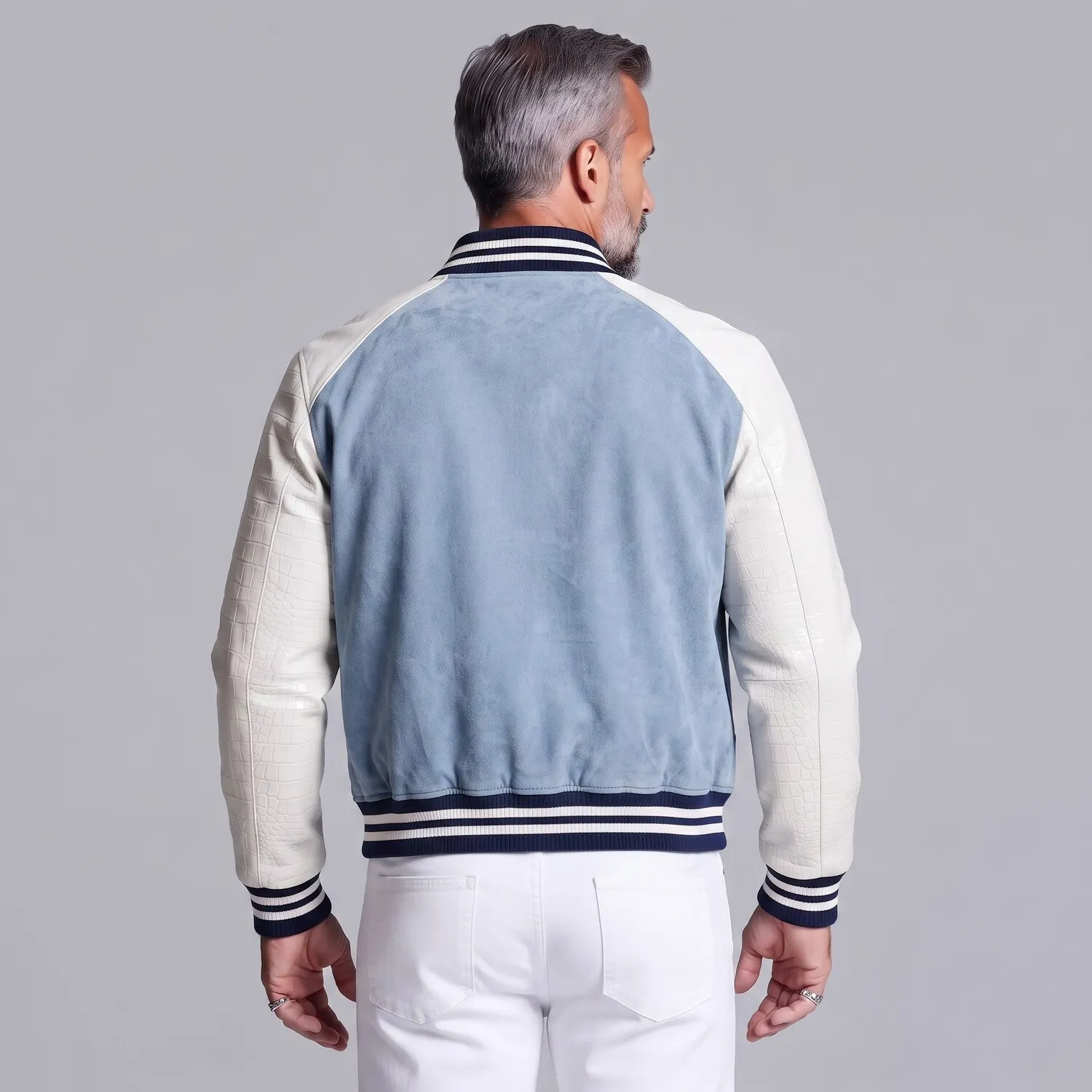 Men's Colorblock Denim Patchwork PU Leather Long Sleeve Single Breasted Bomber Jacket