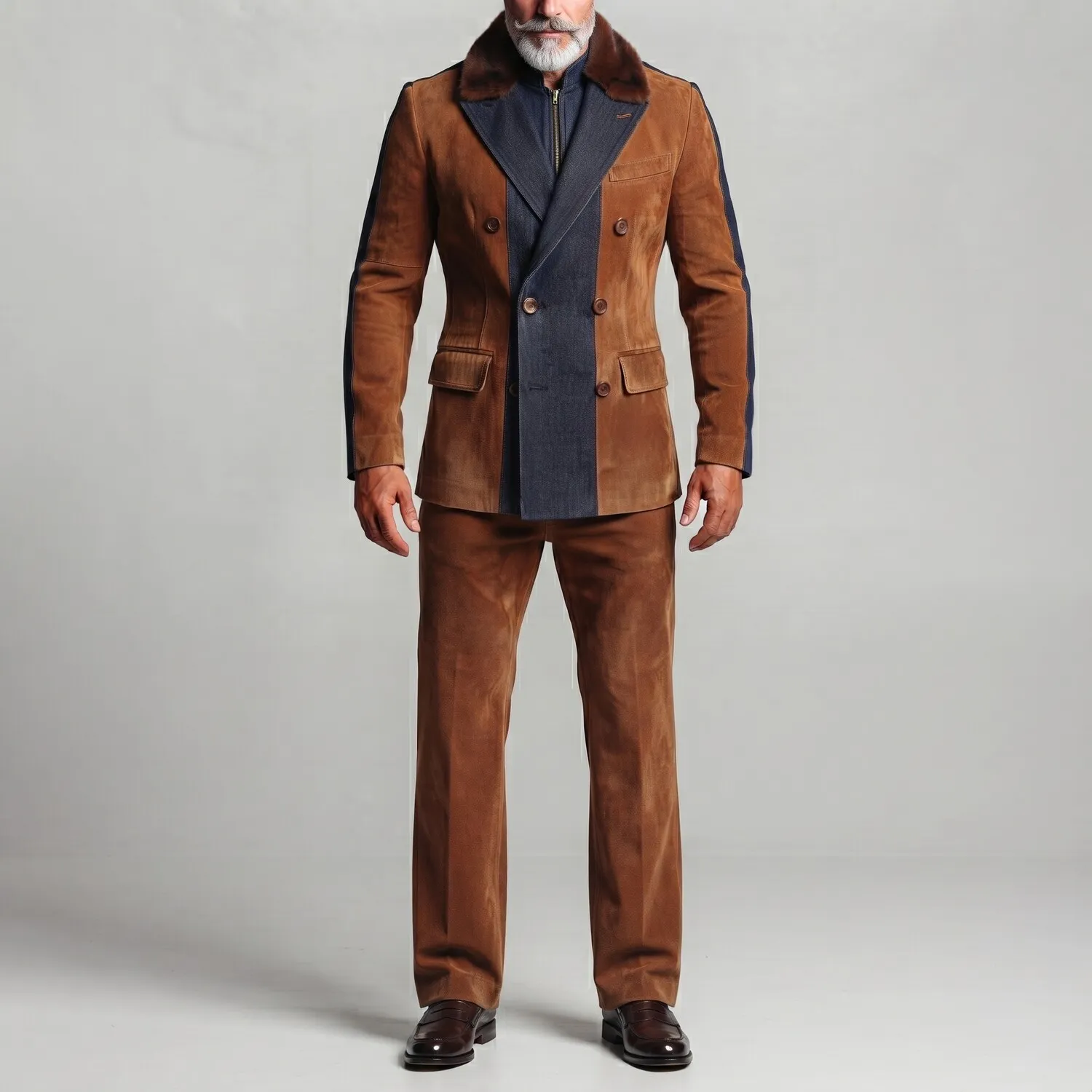Men's Caramel Suede Patchwork Denim Peak Lapel Fuzzy Collar Double Breasted Blazer