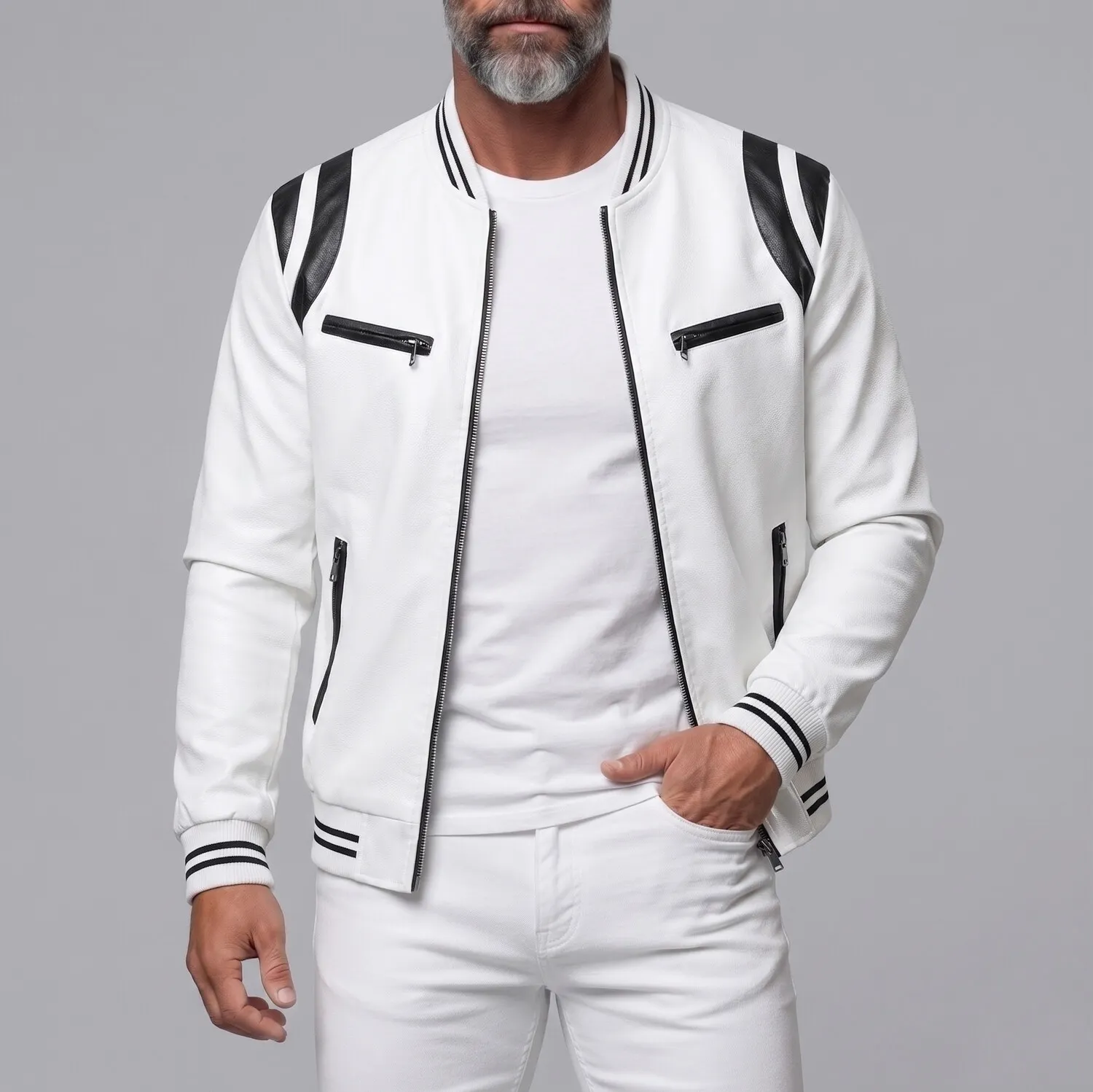 Men's PU Leather Contrast Stripes Zipper Pockets Bomber Jacket