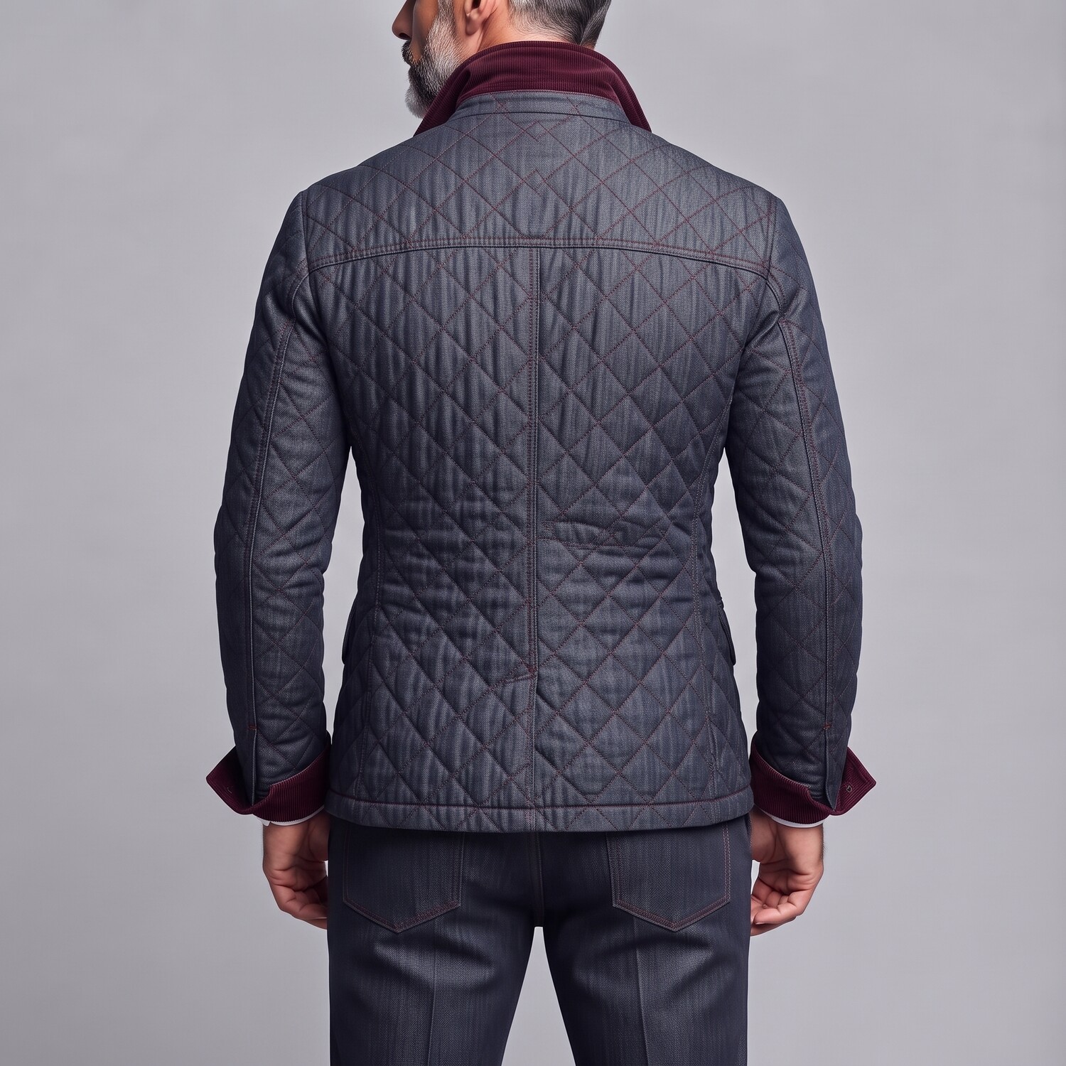 Men's Dark Blue Corduroy Contrast Trim Double-Breasted Quilted Denim Jacket