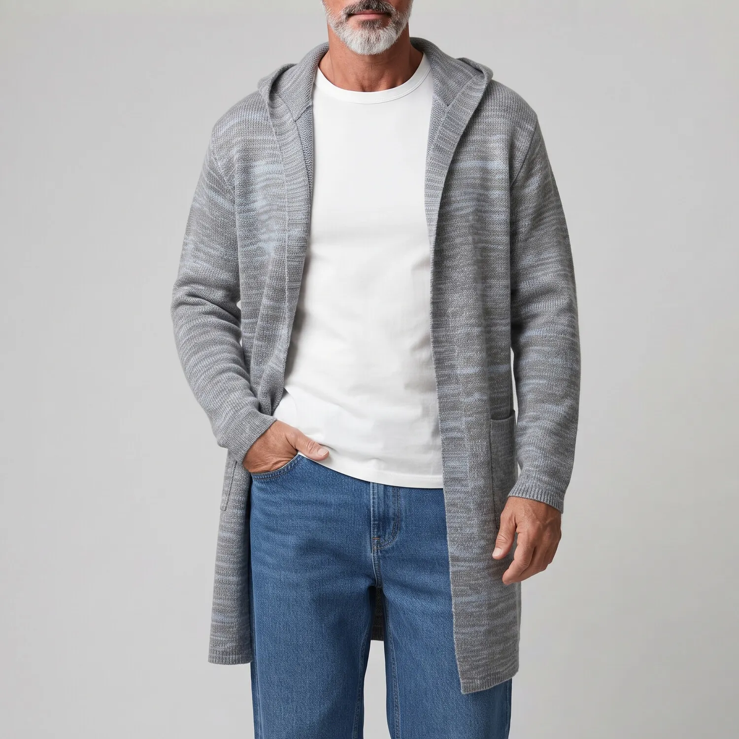 Men's Hooded Open Front Cardigan with Patch Pockets