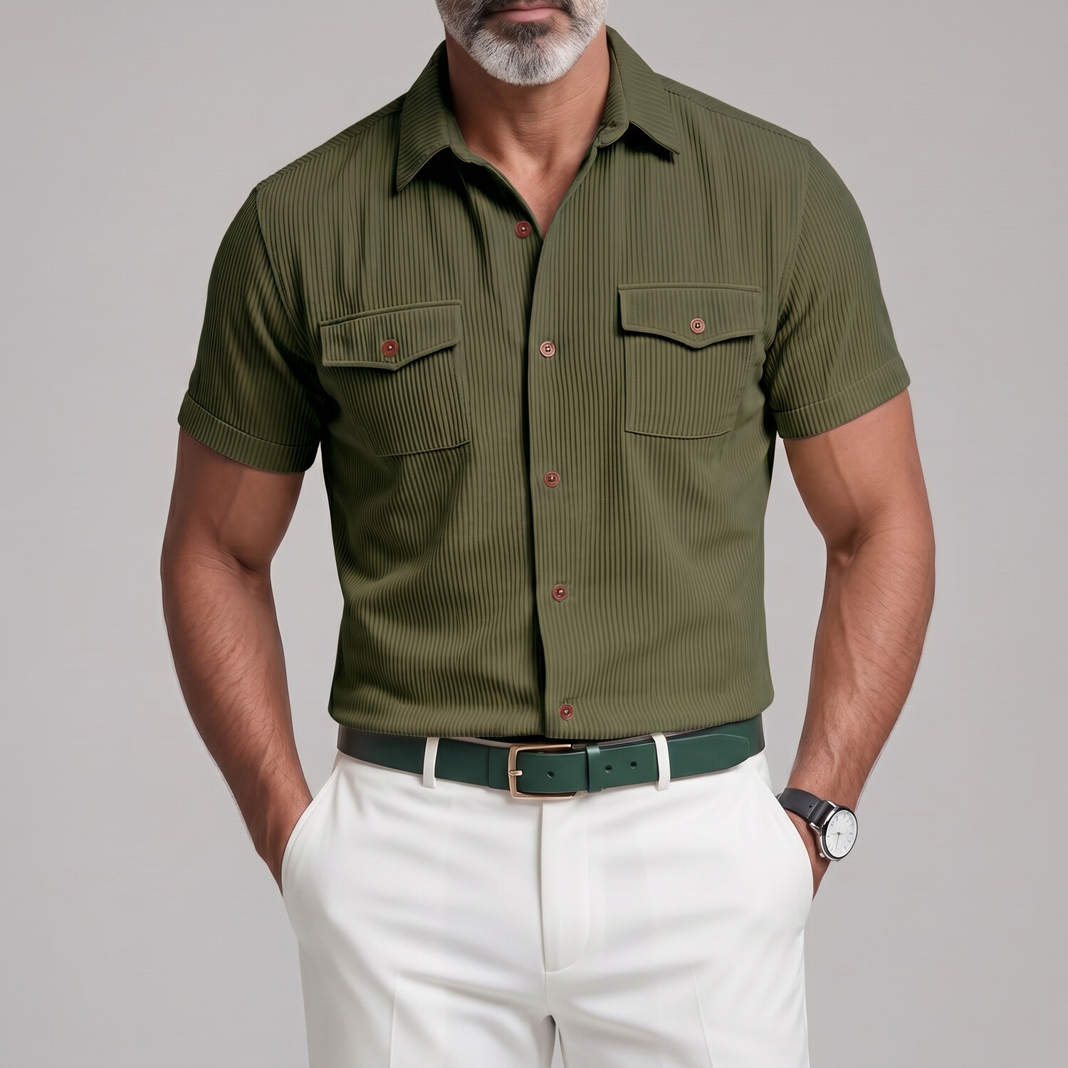 Men's Casual Corduroy Solid Color Multi-Pocket Shirt