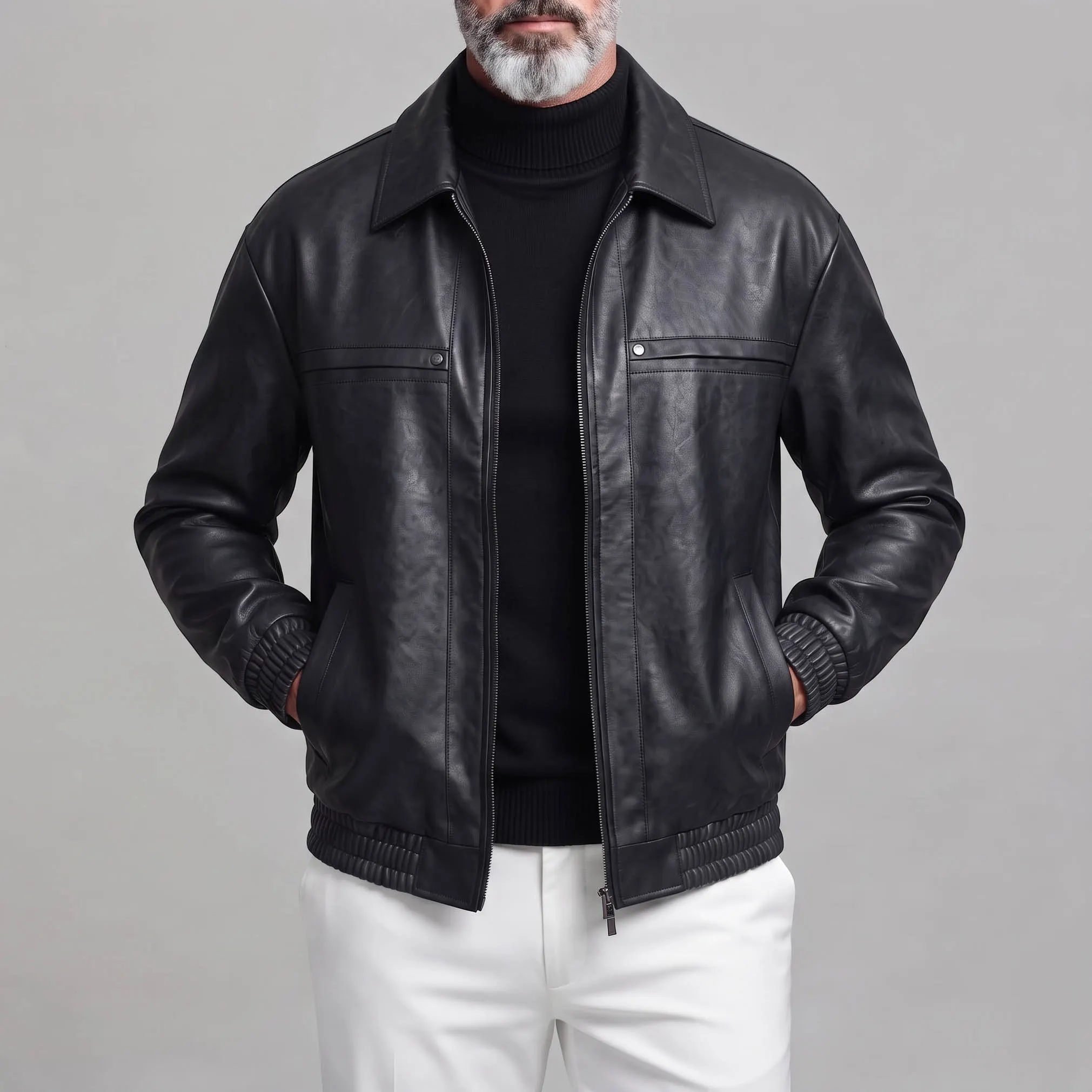 Men's Vintage Brown Plain PU Leather Turndown Collar Slant Pocket Zipper Bomber Jacket