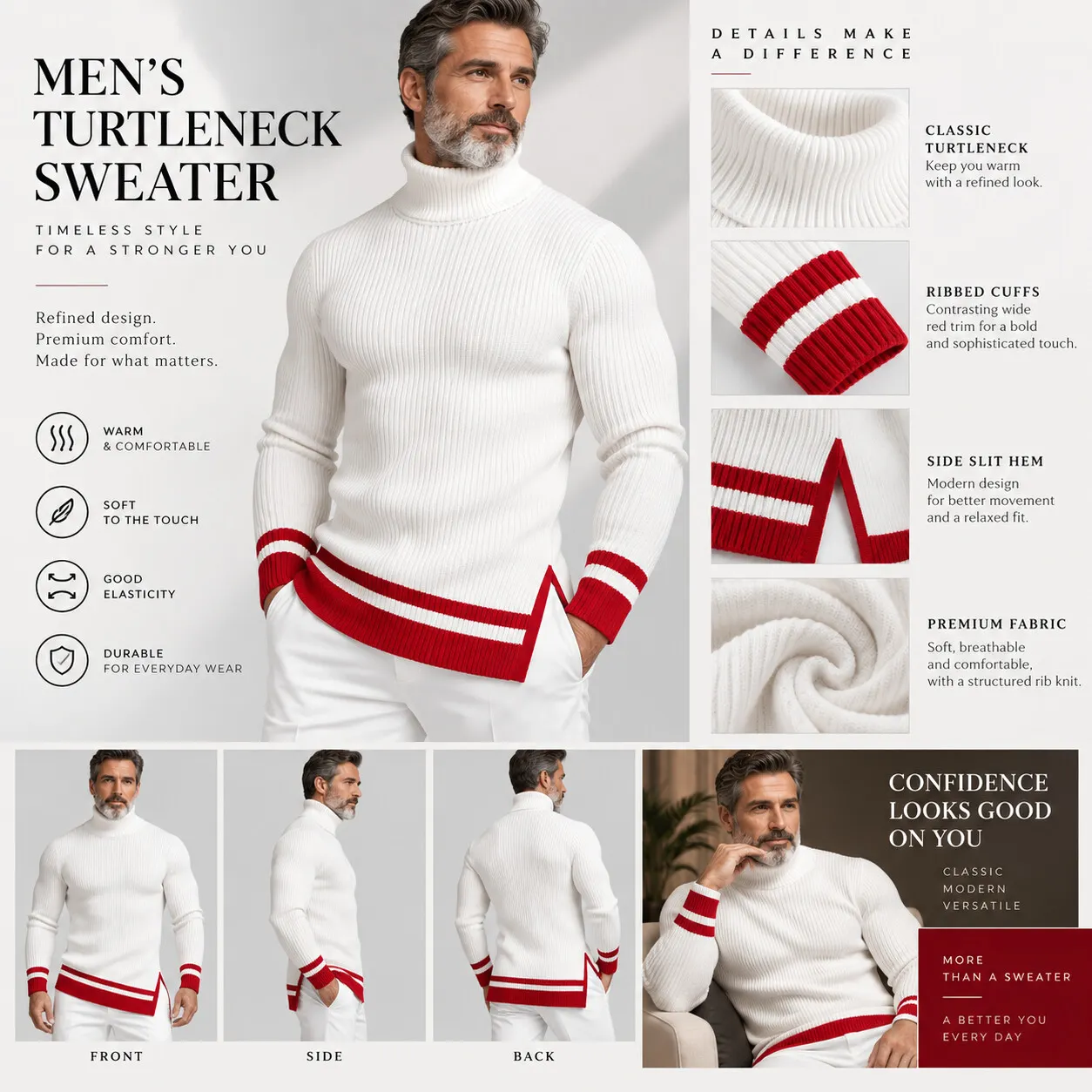Men's White Turtleneck Contrast Trim Side Slit Irregular Hem Ribbed Knit Pullover Sweater