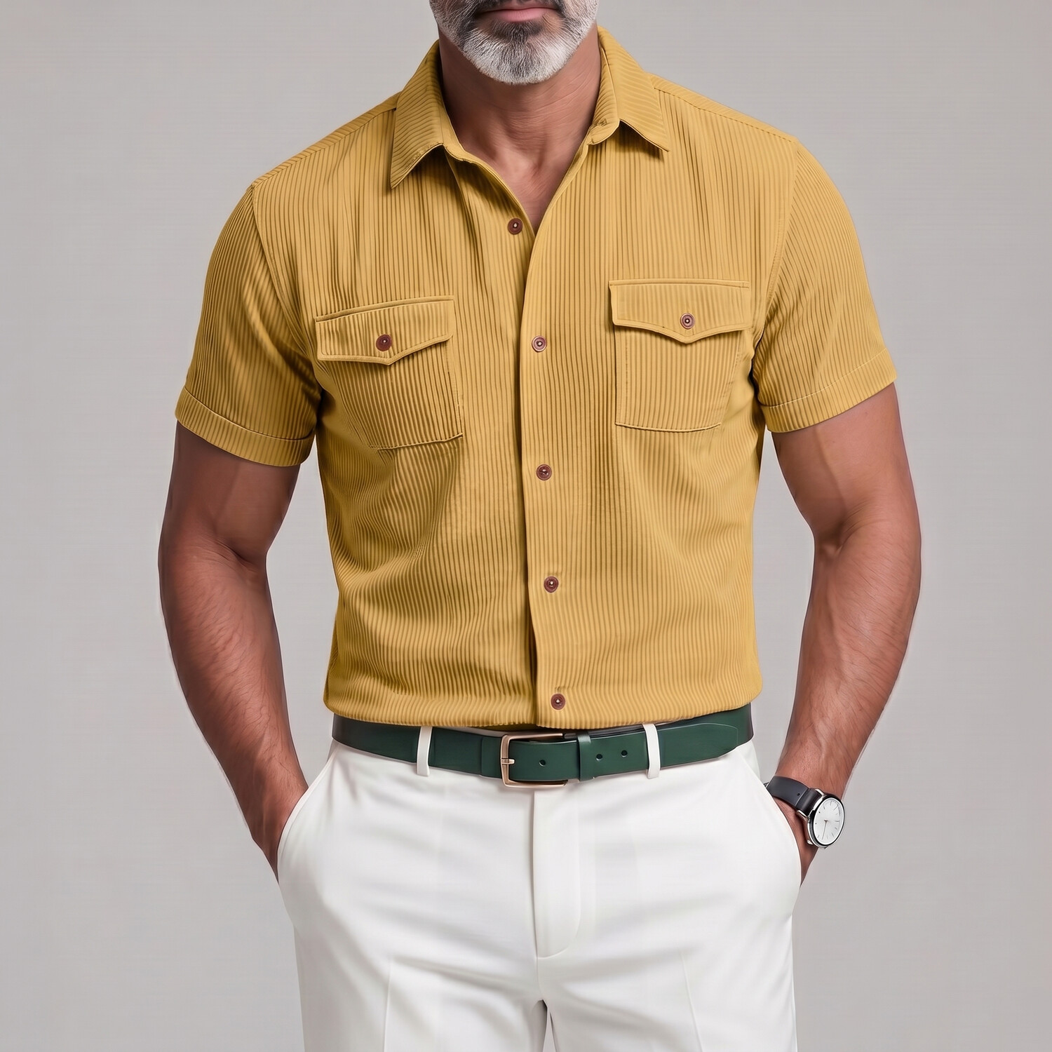 Men's Casual Corduroy Solid Color Multi-Pocket Shirt