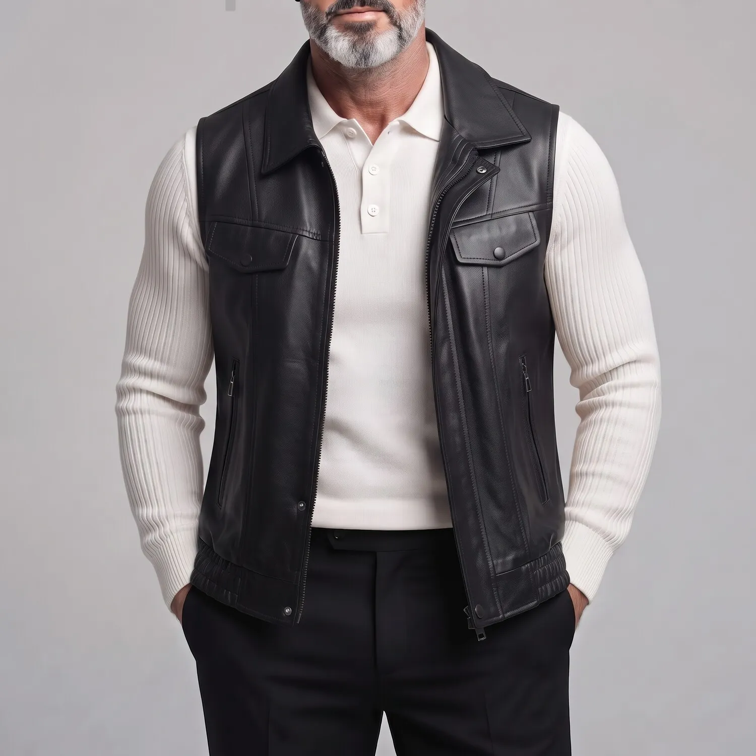Men's Vintage PU Leather Vest with Zipper Pockets