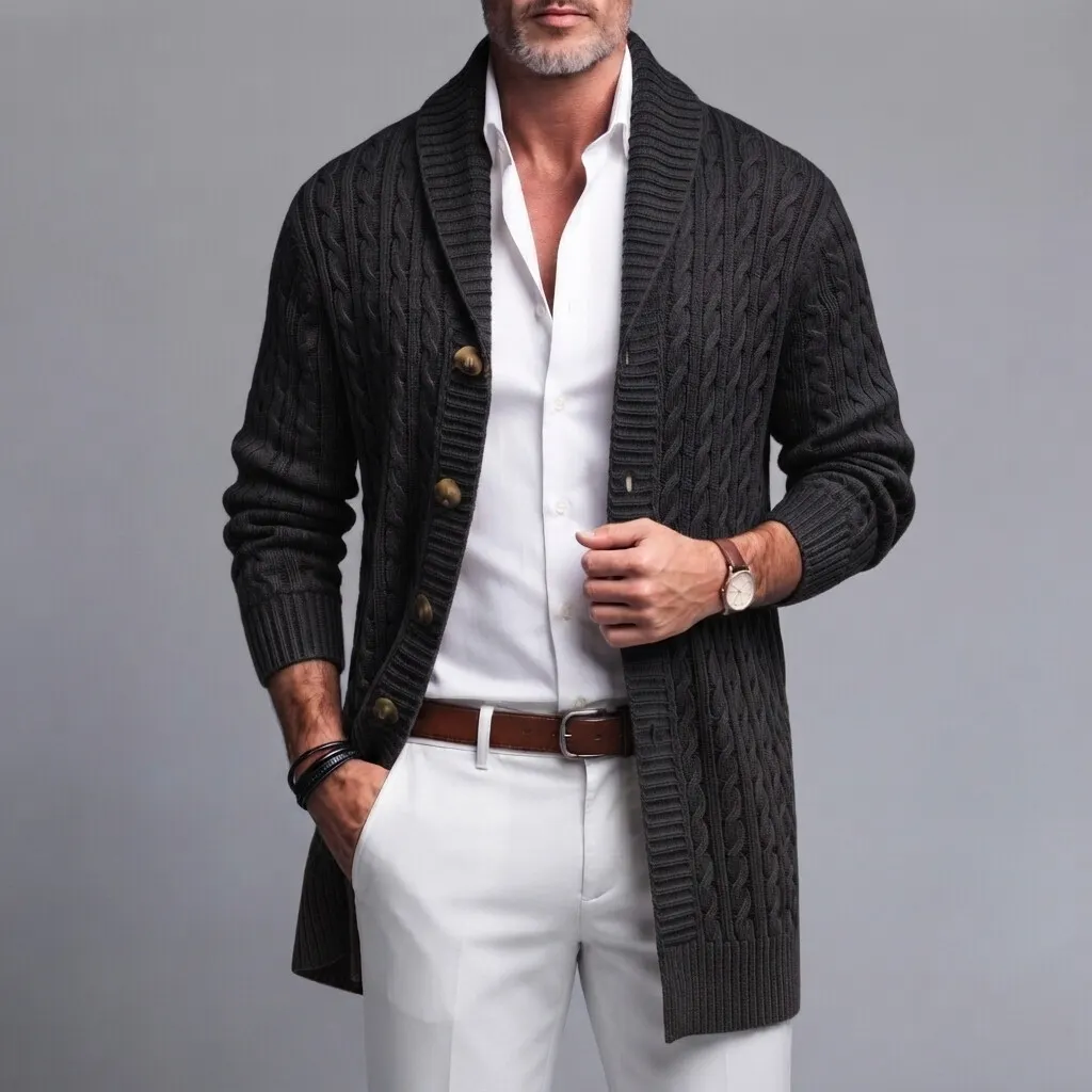 Men's Solid Color Shawl Lapel Single Breasted Twist Knitted Mid-Length Cardigan