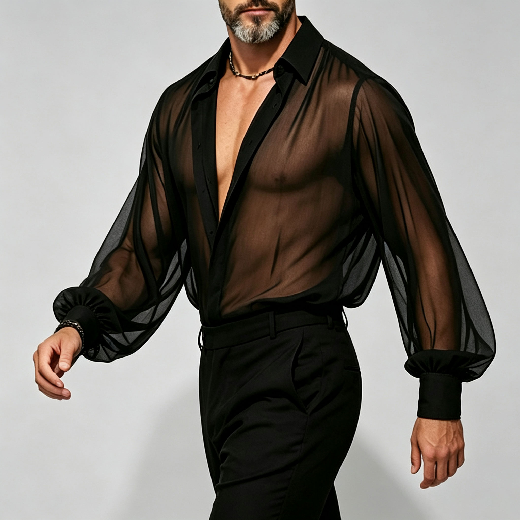 Men's Lightweight Long-Sleeve Shirt with a Turn-Down Collar and Fine Mesh Fabric