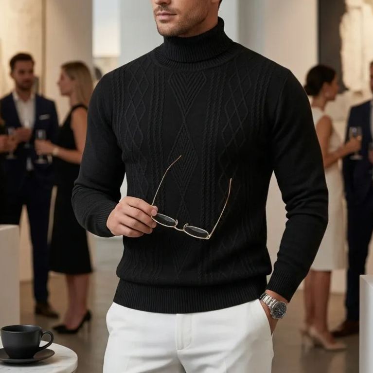 Men's Casual Solid Argyle High Neck Long Sleeve Knit Sweater